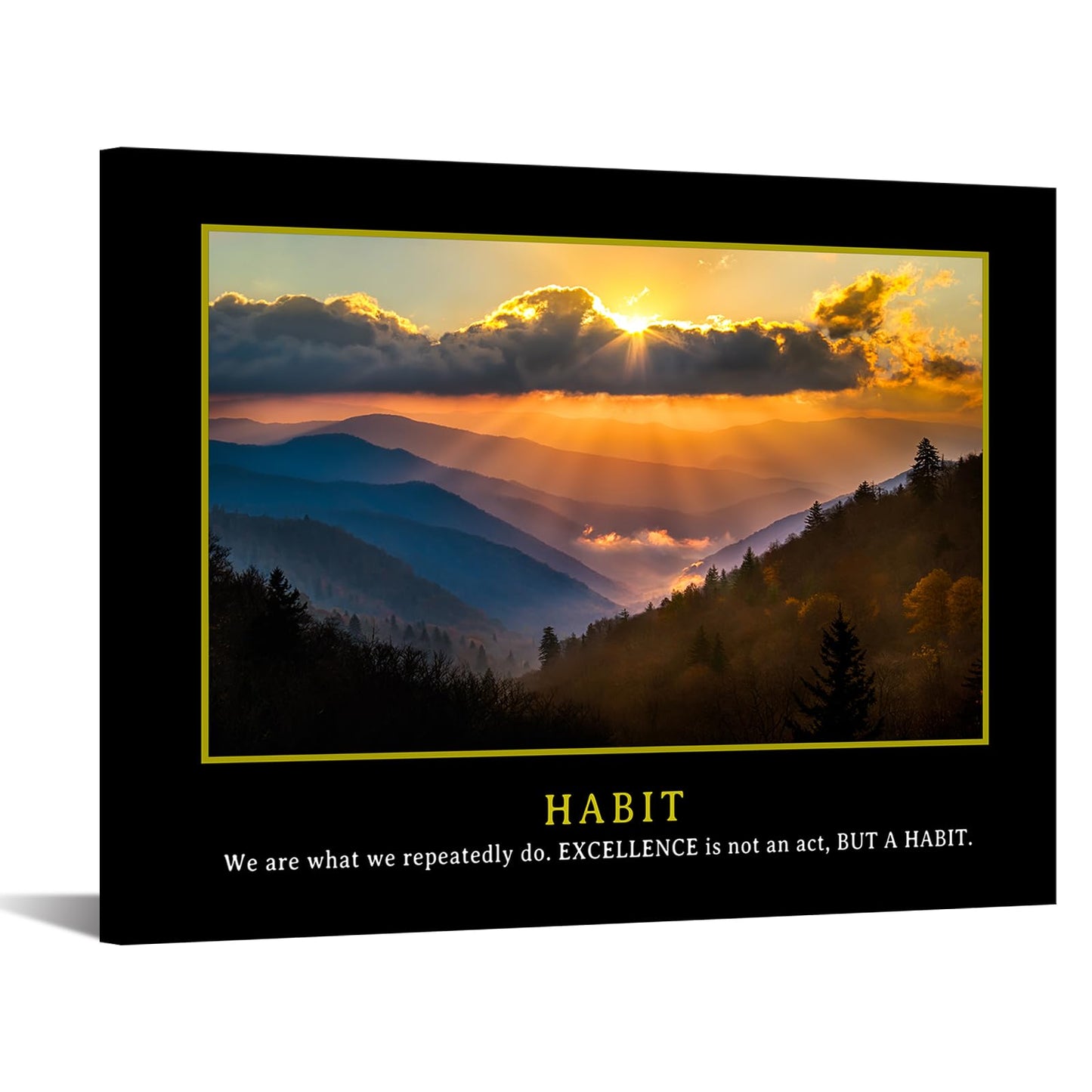 KREATIVE ARTS Motivational Quotes Canvas Wall Art - Excellence is Not an Act, But a Habit Inspirational Entrepreneur Poster - 24"x32" Framed Artwork for Office Smoky Mountain Sunrise Picture