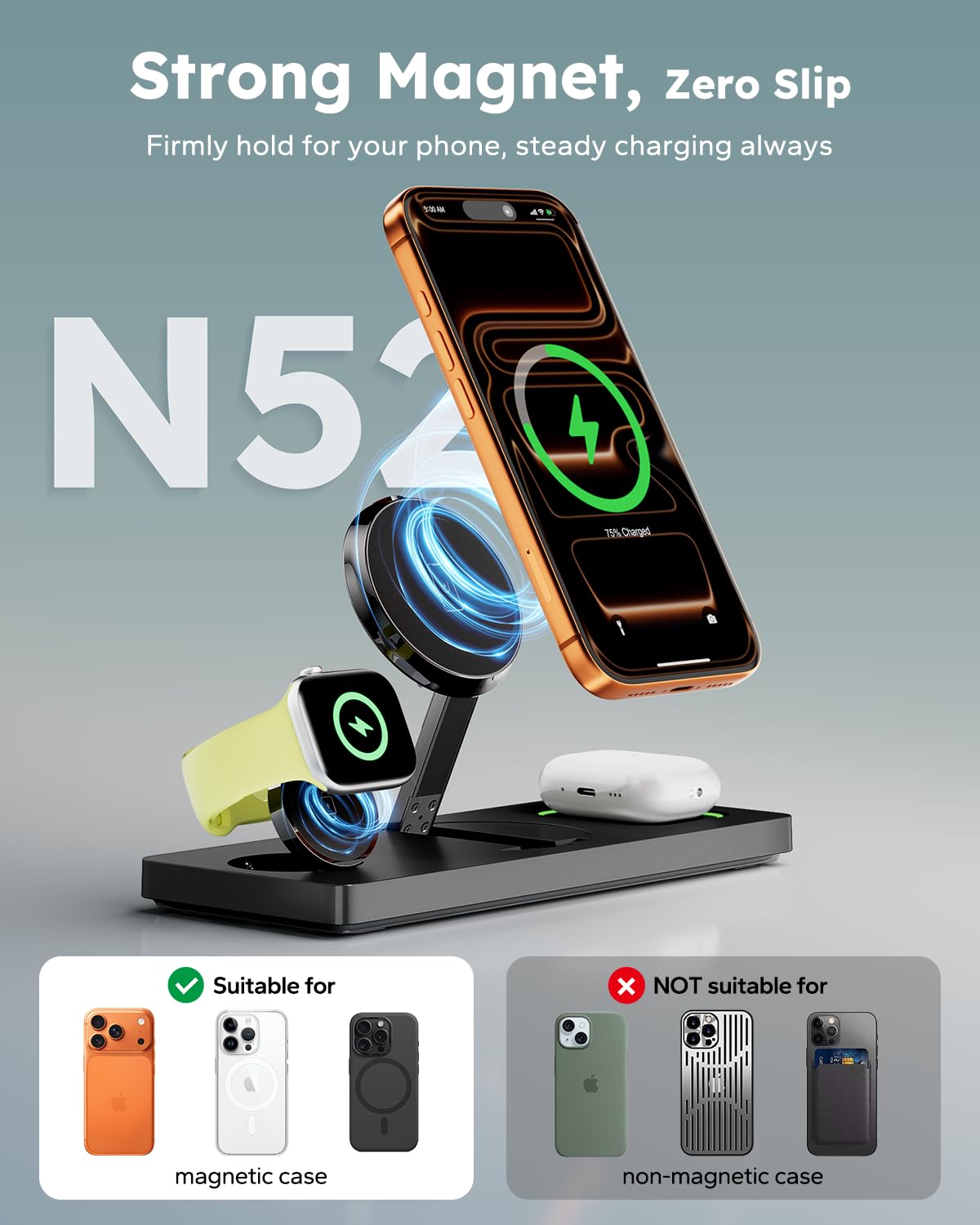 Foldable 3 in 1 Charging Station for Magsafe, Magnetic Phone and Watch Charger Stand for Apple Devices, Wireless Desk Charger Dock for iPhone 17 16 15 14 13 12 Series, Apple Watch and Airpods