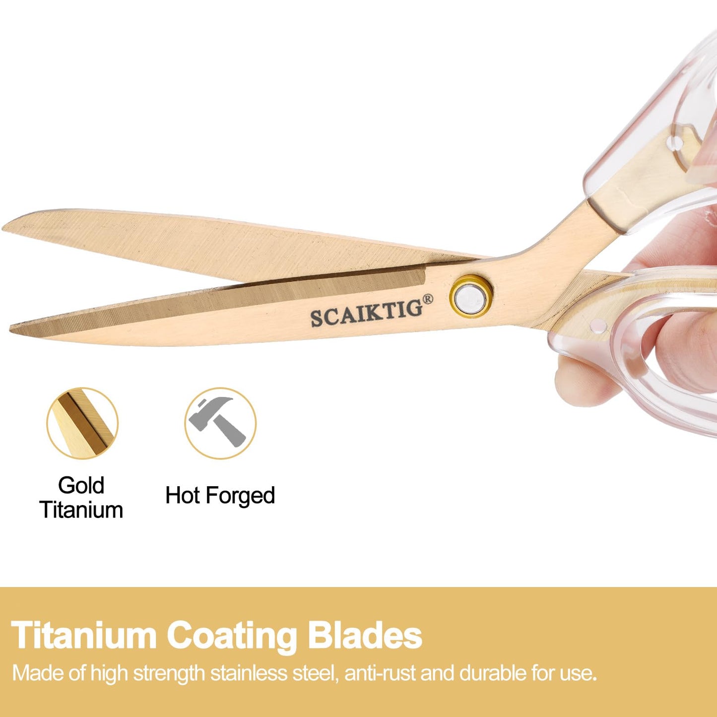 SCAIKTIG Acrylic Scissors Set, Office Scissors for Desk Gold, Clear Comfort-Grip Handles and Titanium Coated Blades, Sharp Scissors all Purpose Heavy Duty for Sewing, Art, Craft, School, Home Supplies