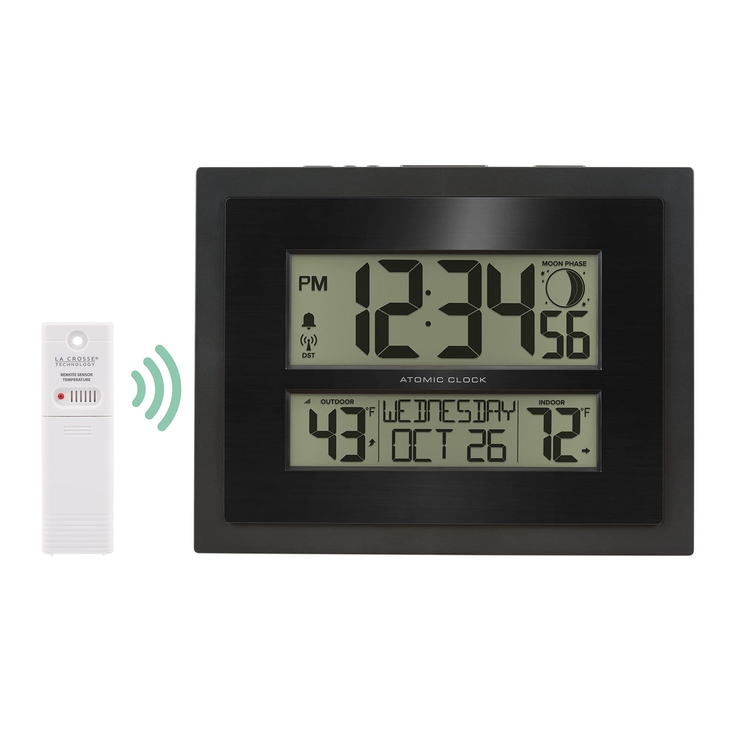 La Crosse Technology 513-75624-INT Digital Atomic Clock with Outdoor Temperature and Moon Phase,Black
