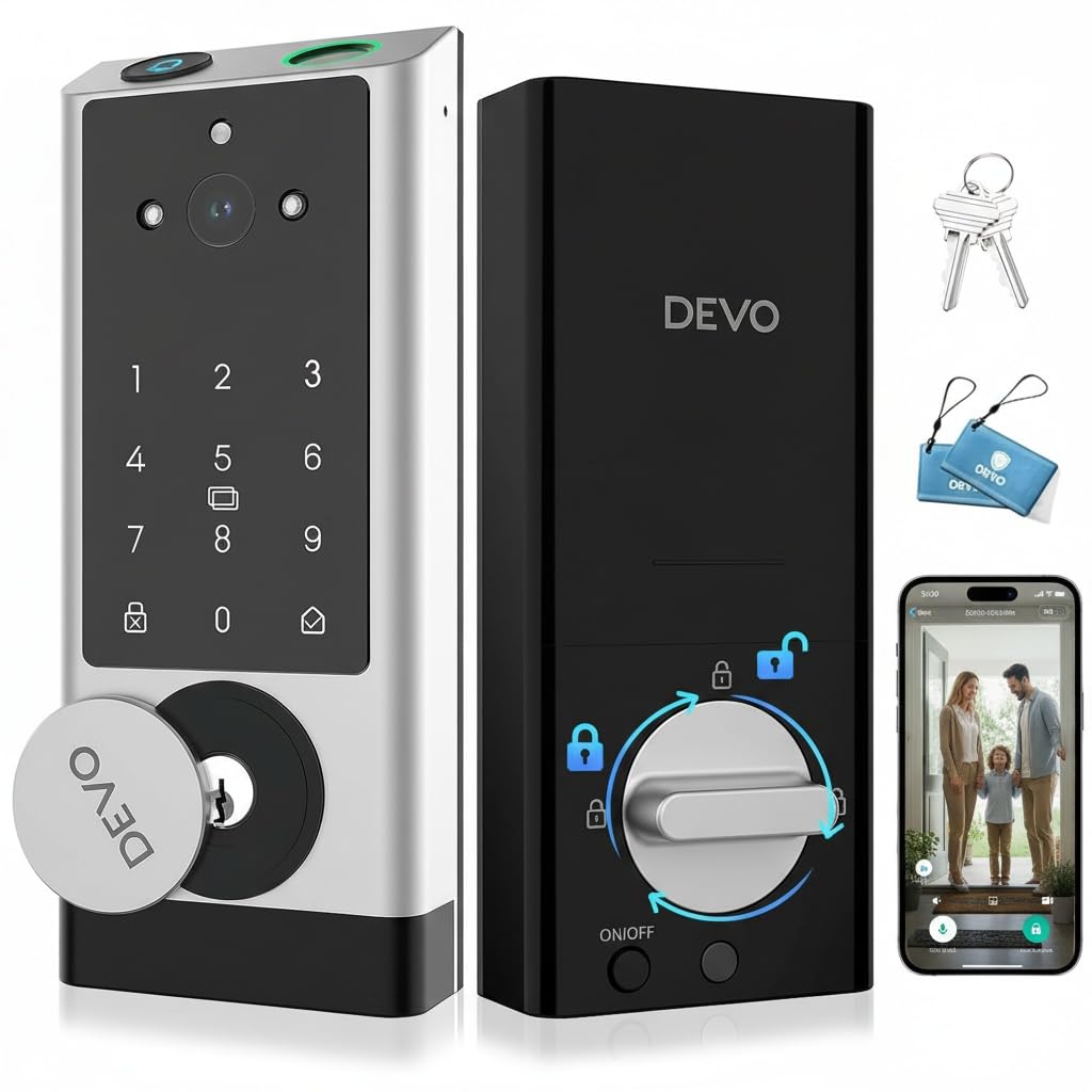 DEVO G1 Keyless Entry Deadbolt- 6-in-1 Smart Lock with Camera & Doorbell, Wi-Fi Smart Door Lock for Front Door with Fingerprint, Auto Locks, App Remote Light Sliver