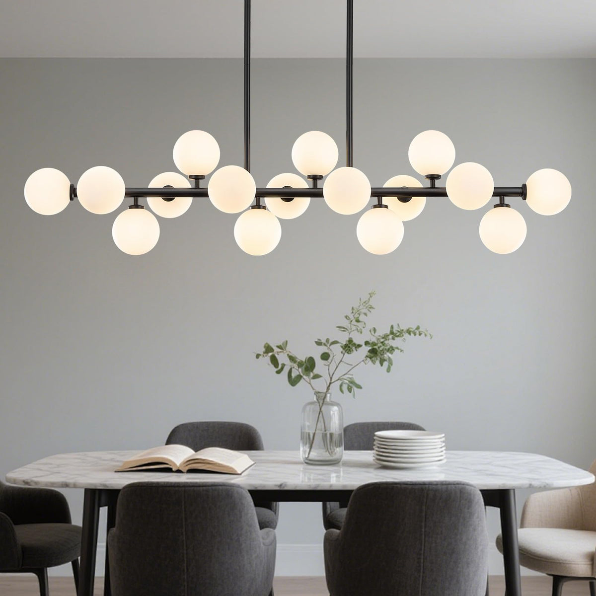Wystco 56 Inch Black Linear Chandeliers for Dining Room, Kitchen Island, Living Room, 16-Light Mid Century Modern Light Fixture Over Table, Large Milk White Glass Globe Sputnik Bubble Chandelier
