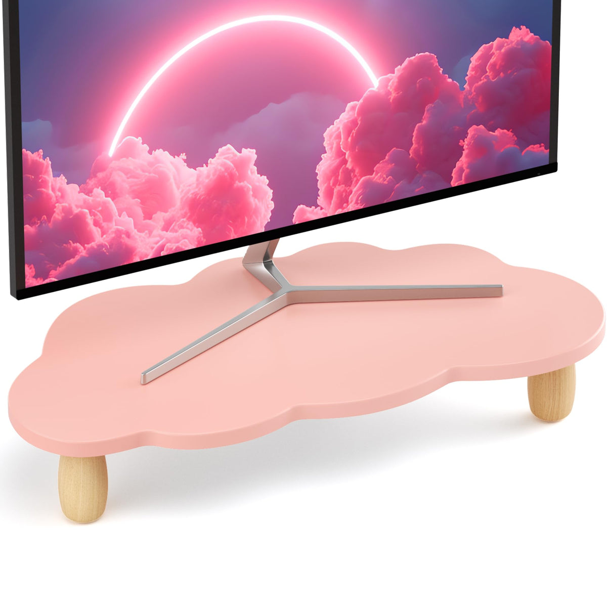 AFOOYO Monitor Stand Riser,Cloud Shape Wood Computer Monitor Stand, 16.5IN Monitor Stand Riser, Multi-Purpose Desktop Organizer Riser for Computer,Laptop,Printer,TV,Pink