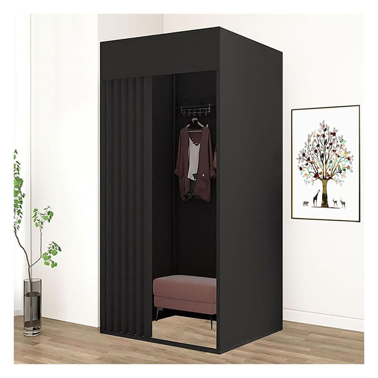 Pengfei Portable Fitting Room, Dressing Room Frame with Curtain and Hook, Changing Room for Clothing Store, Boutiques, Office, Temporary Privacy Space, Easy to Assemble, Black, 39x39x79 inch