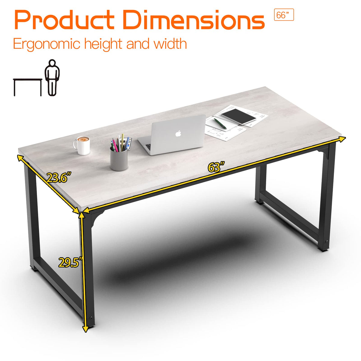 NSdirect 63" Large Computer Desk,Modern Simple Style PC Table Office Desk Wide Workstation for Study Writing,Gaming and Home Office,Extra 1" Thicker Wooden Tabletop and Black Metal Frame,White+Black