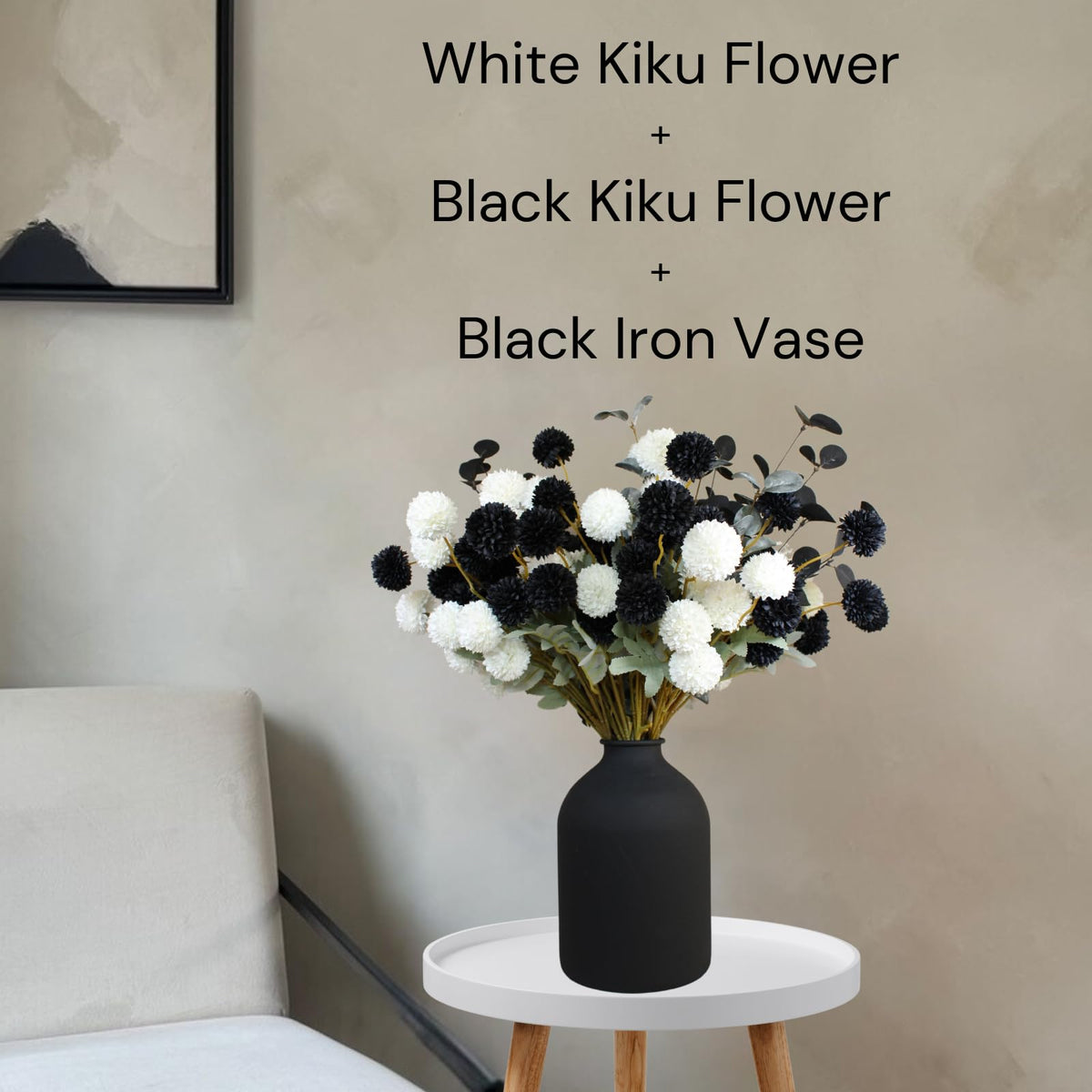 RyddeligHome Black Artificial Flowers for Centerpieces Bulk 10 Long Stems /50 Small Faux Silk Mum Balls + Black Eucalyptus Stems 2 Branches, Fall Boho Halloween Home Decor Indoor, Gothic Flowers