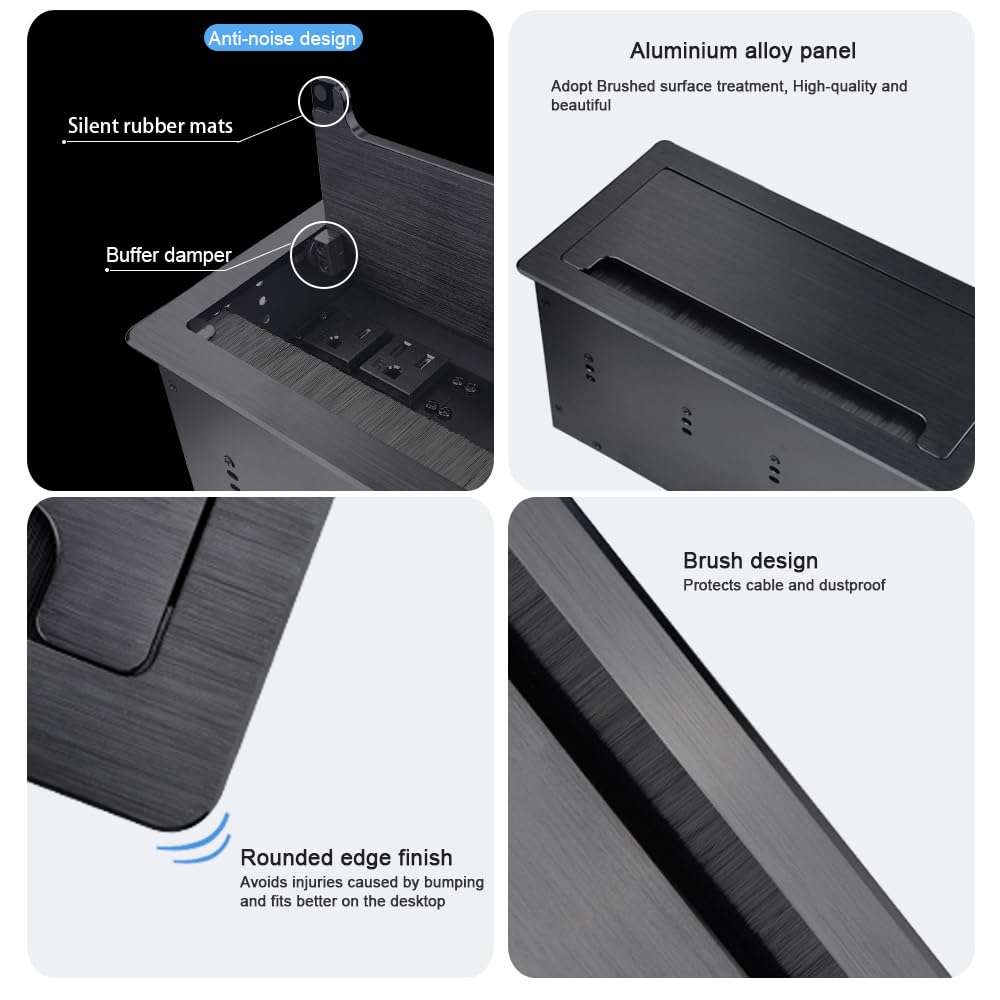 Tabletop Multimedia Connectivity Box with 4 AC Power+2 HDMI+2 RJ45+1 USB3.0 Port +1 USB-C +2 Audio with 5.58ft Power Cord for Conference Room Office Desk(Black)