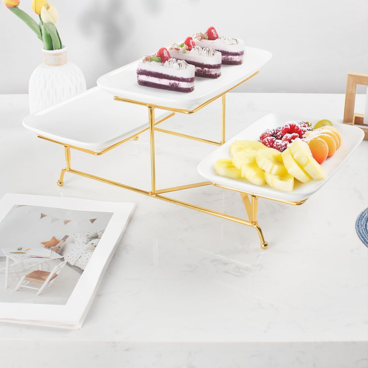 LIUYWYHCF 3-Tier Serving Rack with Ceramic Serving Tray, Foldable Gold Stand with 3 Pieces White 10.6 Inch Large Plates for Food Display, Fruit, Dessert Server Display and Entertaining