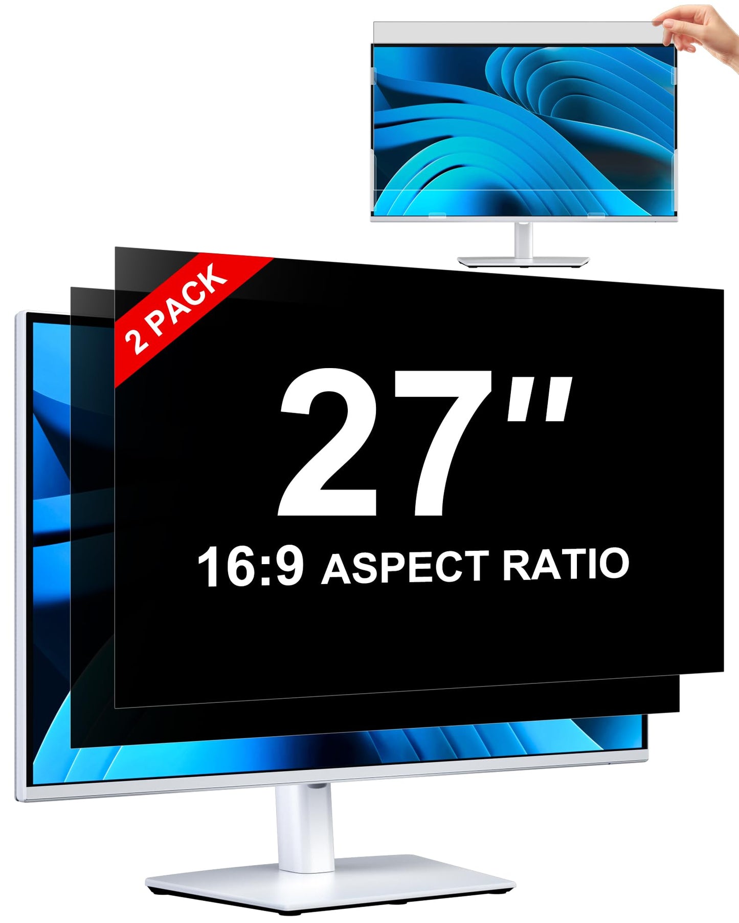 [2-Pack] Privacy Screen For Computer Monitor, 27-Inch 16:9 Aspect Ratio; Anti Spy/Bule Light/Glare And Eye Protection, 2 Install Ways Removable For Office, Airport, Cafe And Other Public Area; Diagonal 27 Inches, Width 23.53 Inches, Height 13.24 Inches
