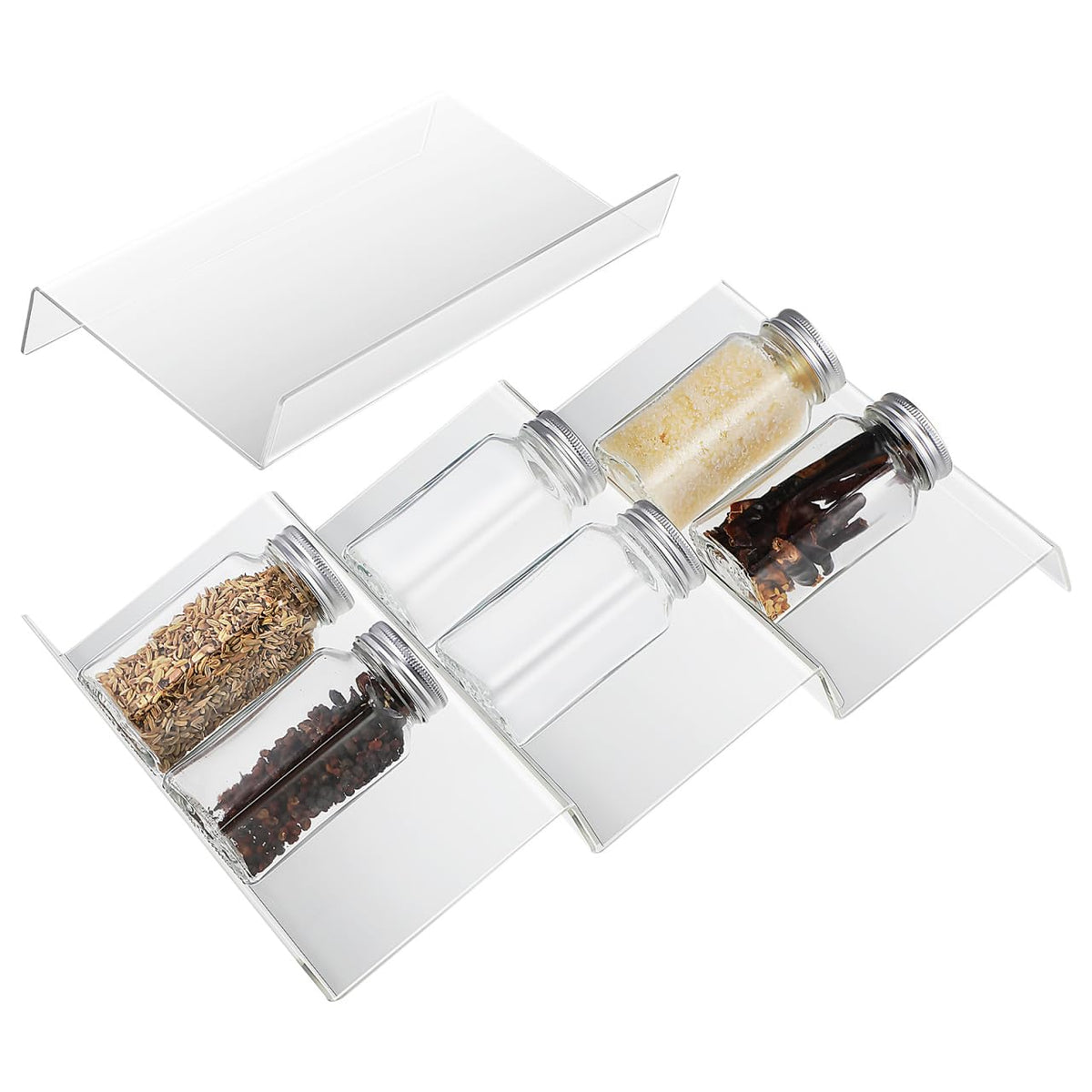Cabilock 4 Pack Expandable Spice Drawer Organizer, Clear Acrylic Seasoning Rack for Kitchen Cabinet, 4-tier Tiered Tray Insert, Adjustable Wide Storage for Jars, Condiments & Nail Polish