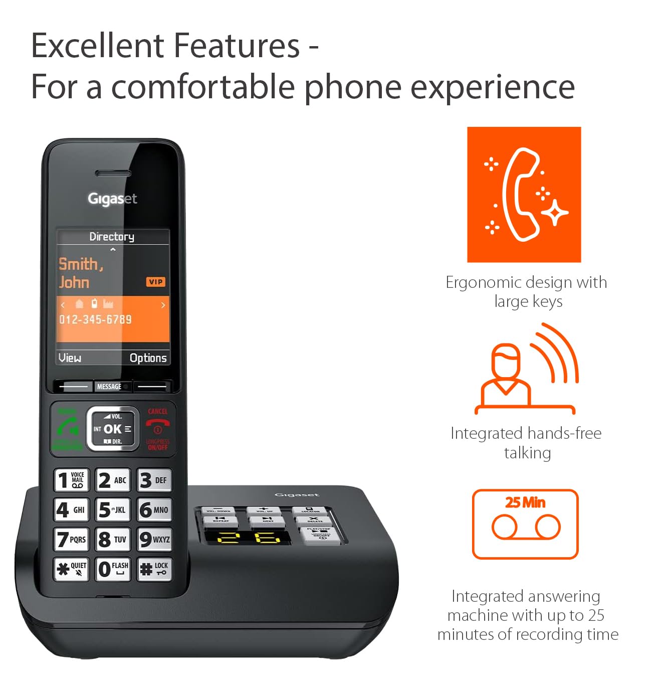 Gigaset Comfort 552A - Cordless DECT Phone - Answering Machine - Made in Germany - Elegant Design - Hands-Free Mode - Comfort Call Protection - Big Phone Book, Titanium-Black