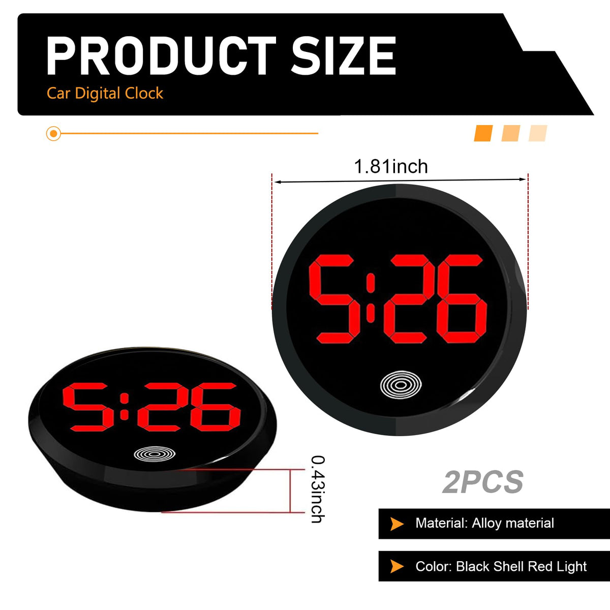 Zehiony Car Digital Clock, Touch Night Light LED Display Screen Clock, Round Shock-Resistant Alloy Dashboard Watch with 12H System, Self-Adhesive Mini Watch for Car & Home & Office (Red)