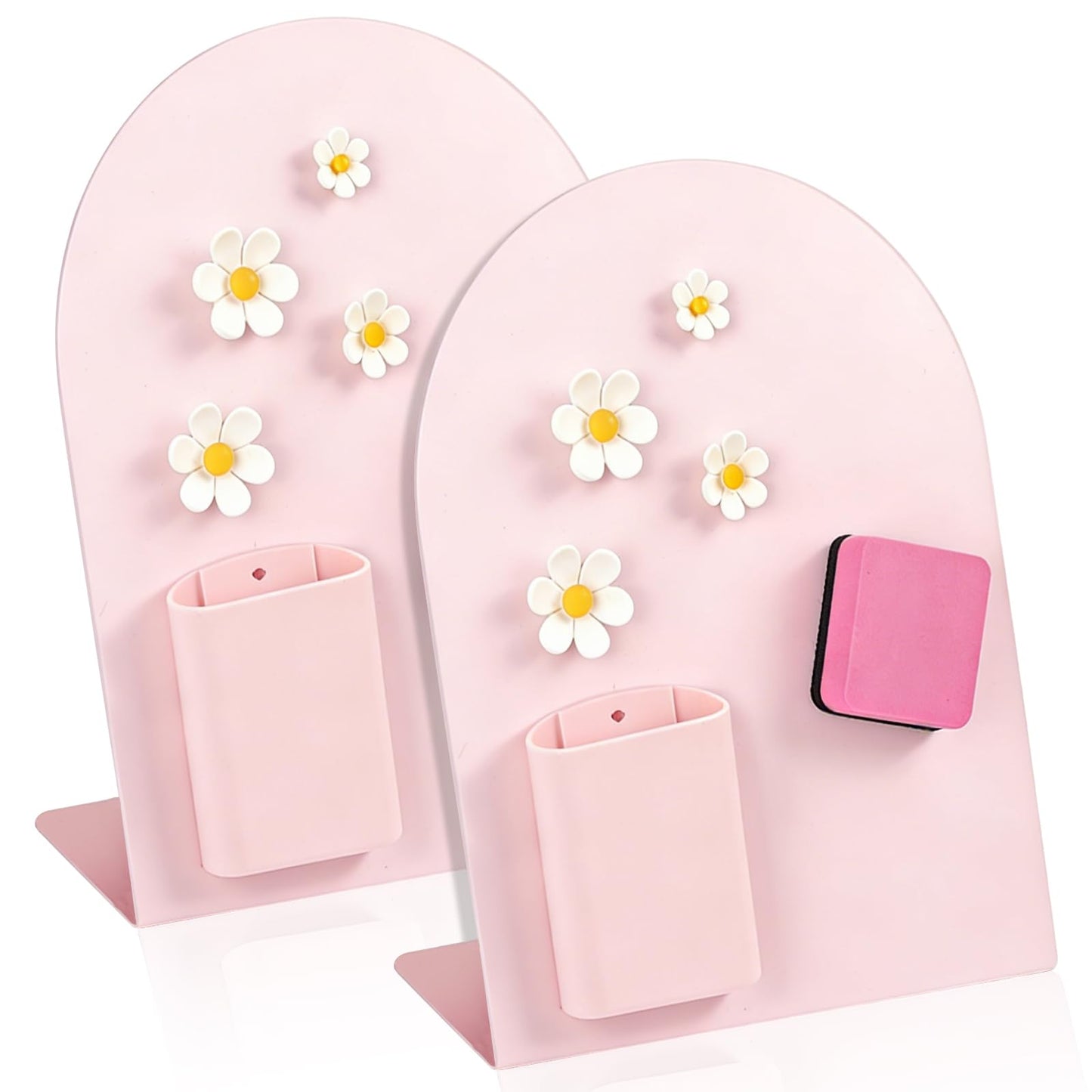 2 Pcs Magnetic Bulletin Board for Tabletops with 4 Flower Magnets, Magnetic Pen Holder, 10x7 Inch Memo Display Easel Stand Photo Display Board, Home School Office Kitchen Table Supplies