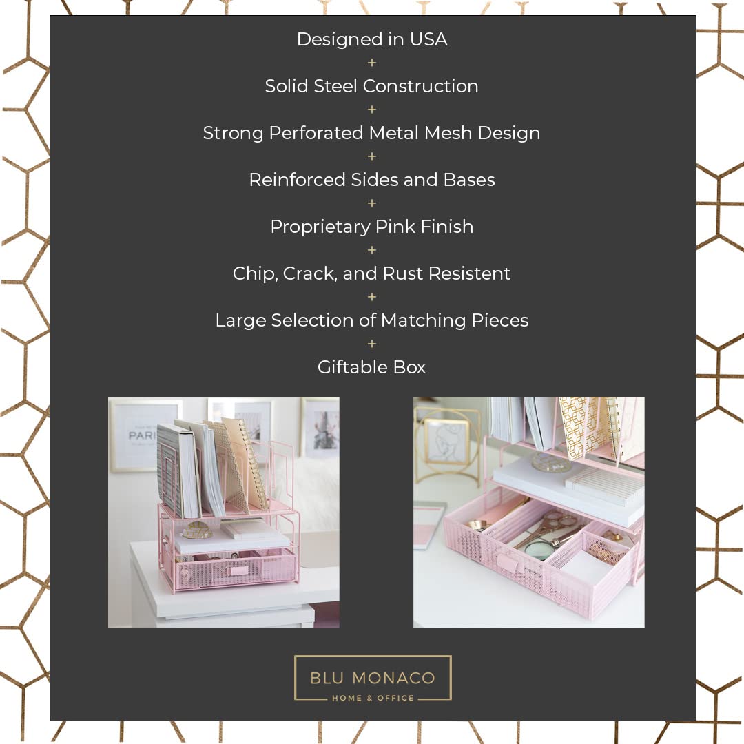 BLU MONACO | Pink Desk Organizer with Drawer | Wire Mesh Desk Organizer File Sorter | Metal Desktop Storage for Office Workspace