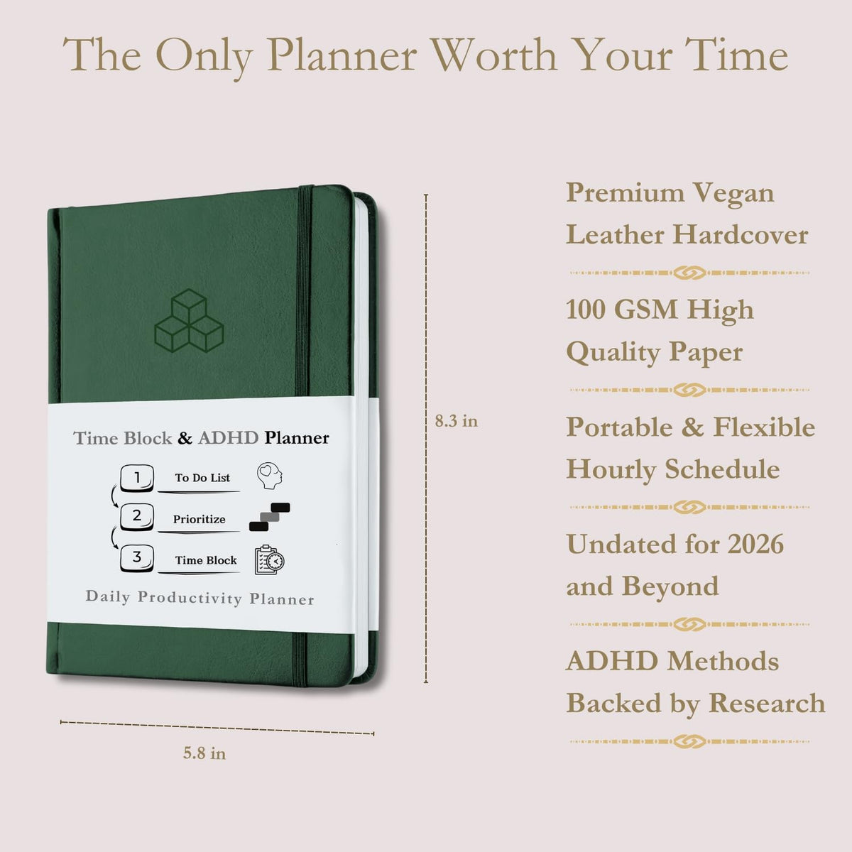 Time Blocking and ADHD Planner by Refine Days. 180 Undated Pages, To Do List, Hourly Schedule, Daily and Monthly Agenda. Time Management & Productivity Notebook. A5 (Green)