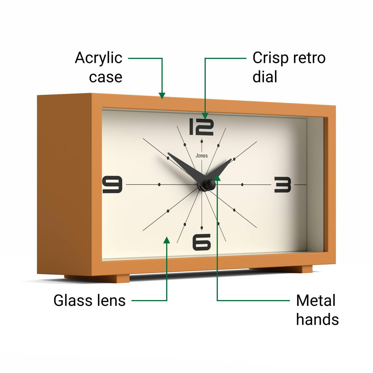 JONES CLOCKS® Odeon Desk Clock | Modern Rectangular Design | Mustard Yellow | Stylish Retro Look for Shelf, Table, Mantel or Bedside