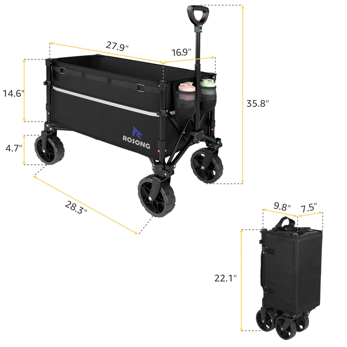 ROSONG Collapsible Wagon Cart with Wheels Foldable - Folding Utility Heavy Duty Wagons Carts for Grocery Sports Garden Shopping Camping Wheelbarrows (Black, 120L)