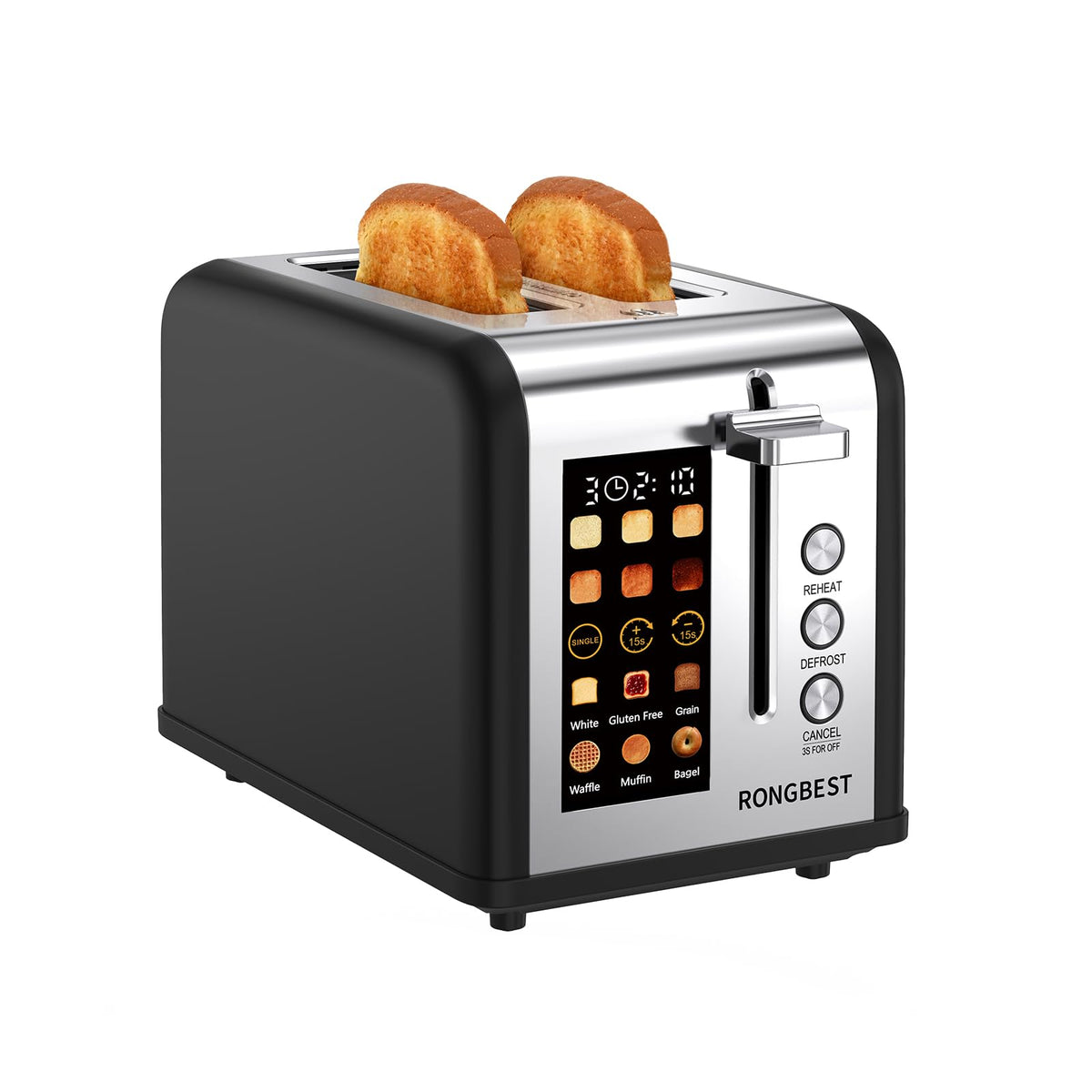 2 Slice Touch Screen Toaster Stainless Steel with Wide Slots, Even Toasting for Bagels & Bread, Defrost & Reheat, Easy Removable Crumb Tray, Matt Black