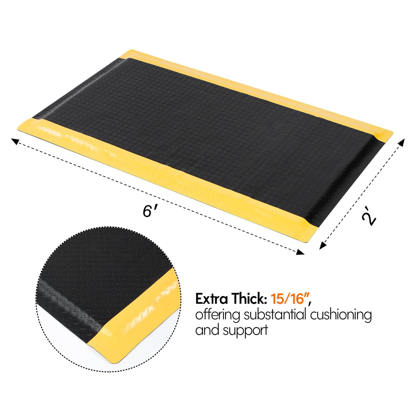 ISXACFF Anti Fatigue Mats Industrial 2' x 6' 15/16" Thick Ergonomic Standing Mat Commercial Kitchen Mat Heavy Duty Diamond Plate Shop Floor Mats Helps Relieve Back and Leg Soreness