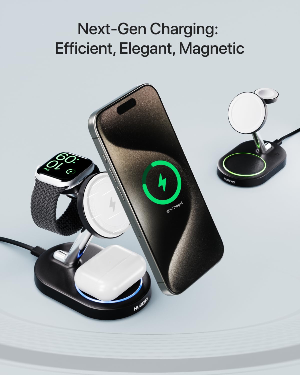 Nubeno Fast Charging Station for Magsafe Apple Devices, Wireless Charger Station for MagSafe iPhones, 3 in 1 Magnetic Charger Stand for iPhone 17/16/15/14/13/12, Apple Watch & AirPods(Blk)