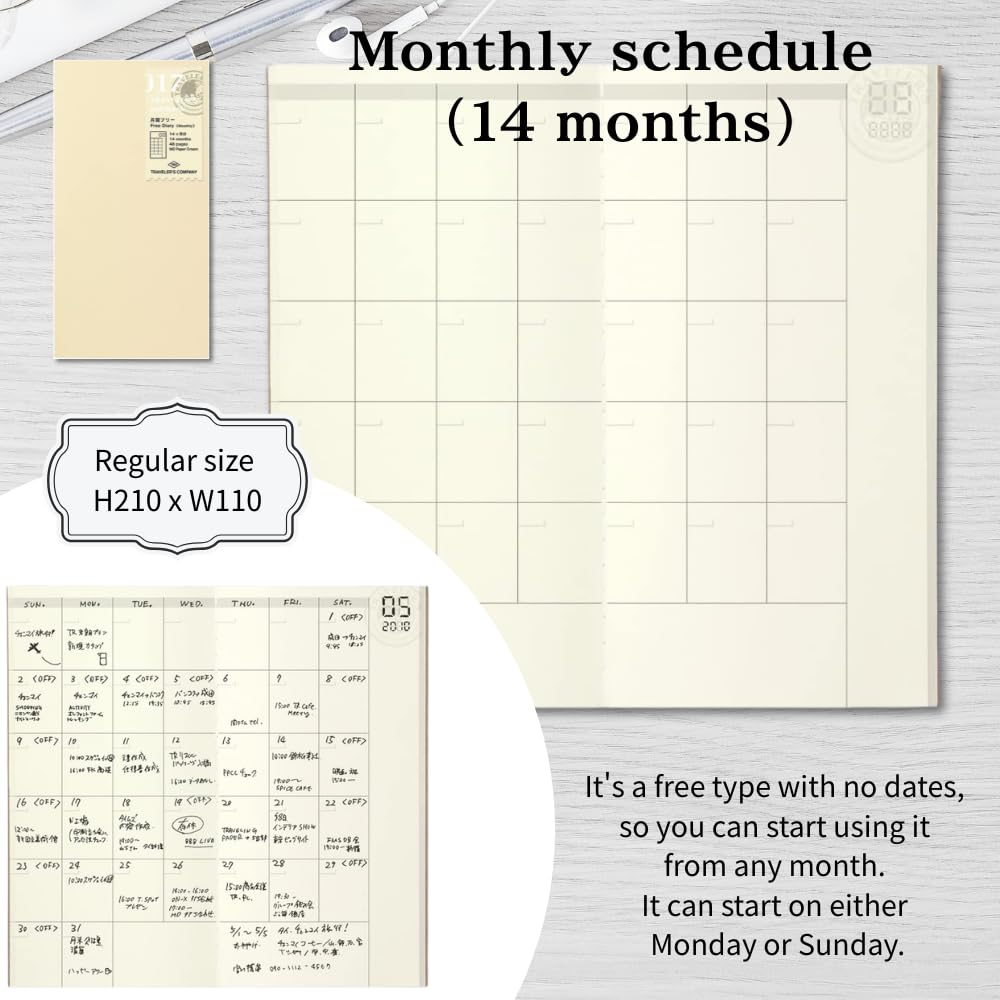 Traveler's Notebook Refill Set – 017 Monthly + 019 Weekly Memo + Bonus Random Washi Tape (3 Roll) – Undated Planner Inserts, Journal Gift Idea