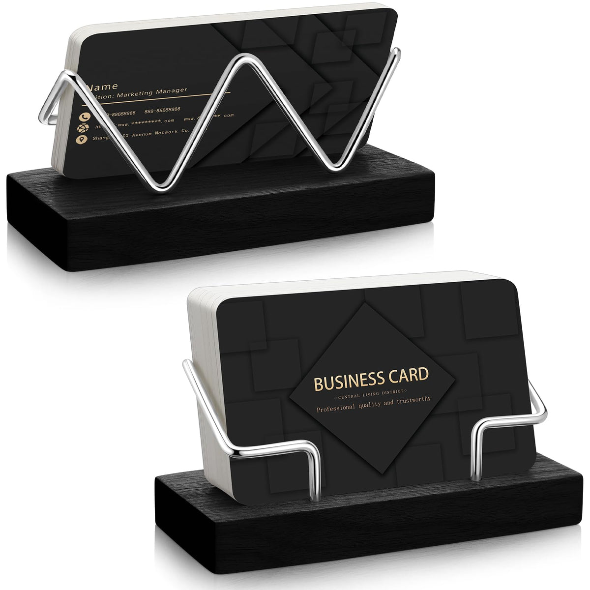 Amyhill 2 Pieces Wood Business Card Holder for Desk Wooden Business Card Display Stand Postcard Holder for Office Home Desktop (Black, Silver)