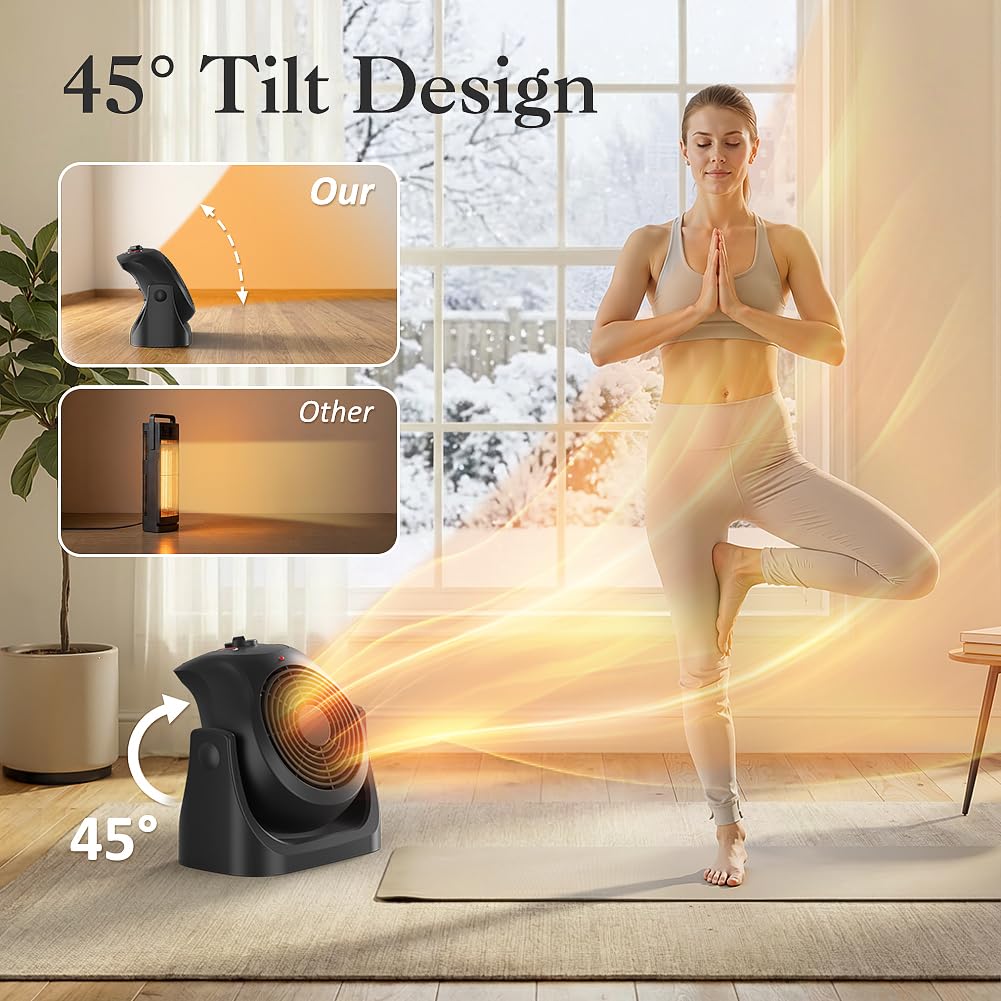 2 in 1 Heater Fan Combo, Portable Space Heater Cooling Desk Fan, Air Circulator Fan 45° Tilt, 2 Wind Speeds, 1500W Overheat Protection Personal Small for Home Office Black
