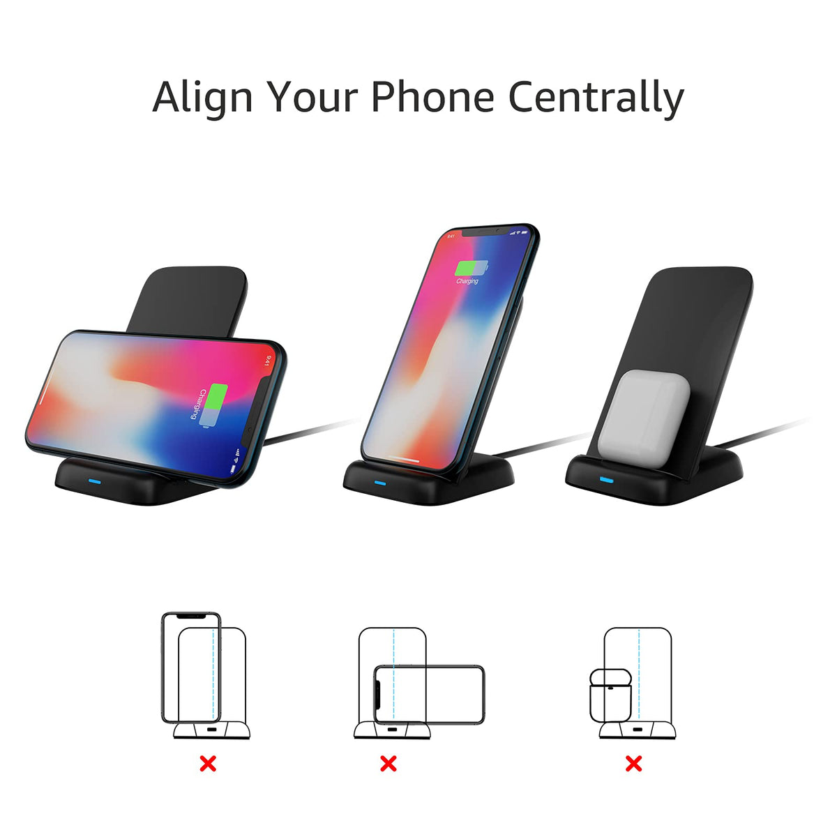 Amazon Basics 10W Qi Certified Wireless Charging Stand for Phone 16/15/14/13/12/11/X, Samsung, and More, with USB Cable, Black (No AC Adapter)
