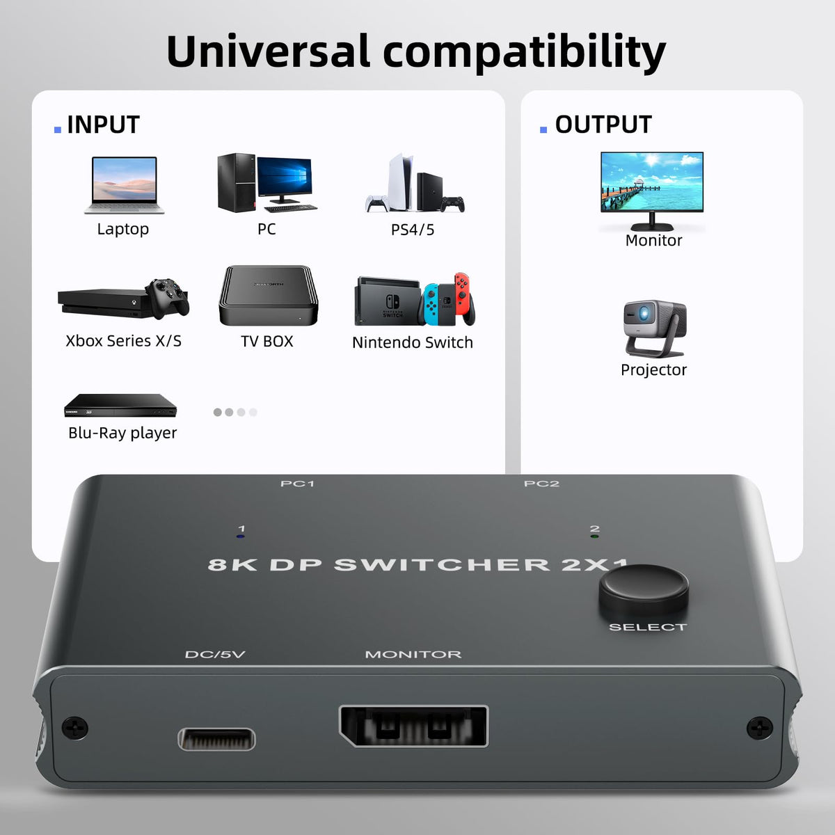 Displayport Switch 2-in-1-out, 8K@60Hz, 4K@120Hz, Resolution DP 1.4 DisplayPort Switcher Selector Box【Not Support Bi-Direction .Not Support1 in 2 Out 】