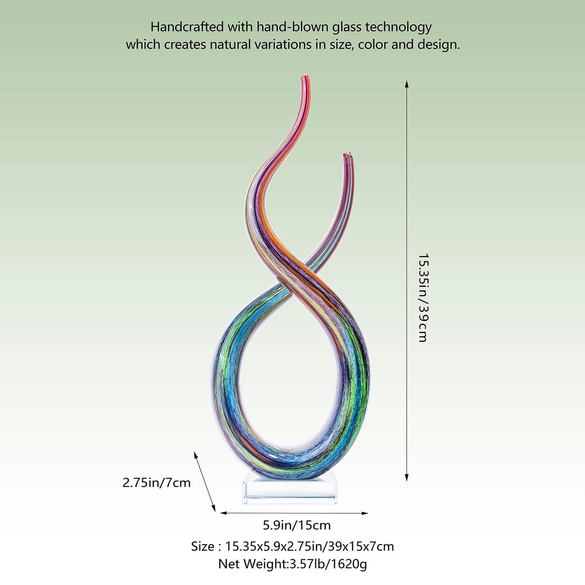 LLAVVD Hand Blown Murano Style Glass Sculpture, 14" Double Spiral Infinity Music Note Figurine Collectible, Modern Abstract Home Decor for Living Room Office Aquarium, Unique Gift for Art Lovers
