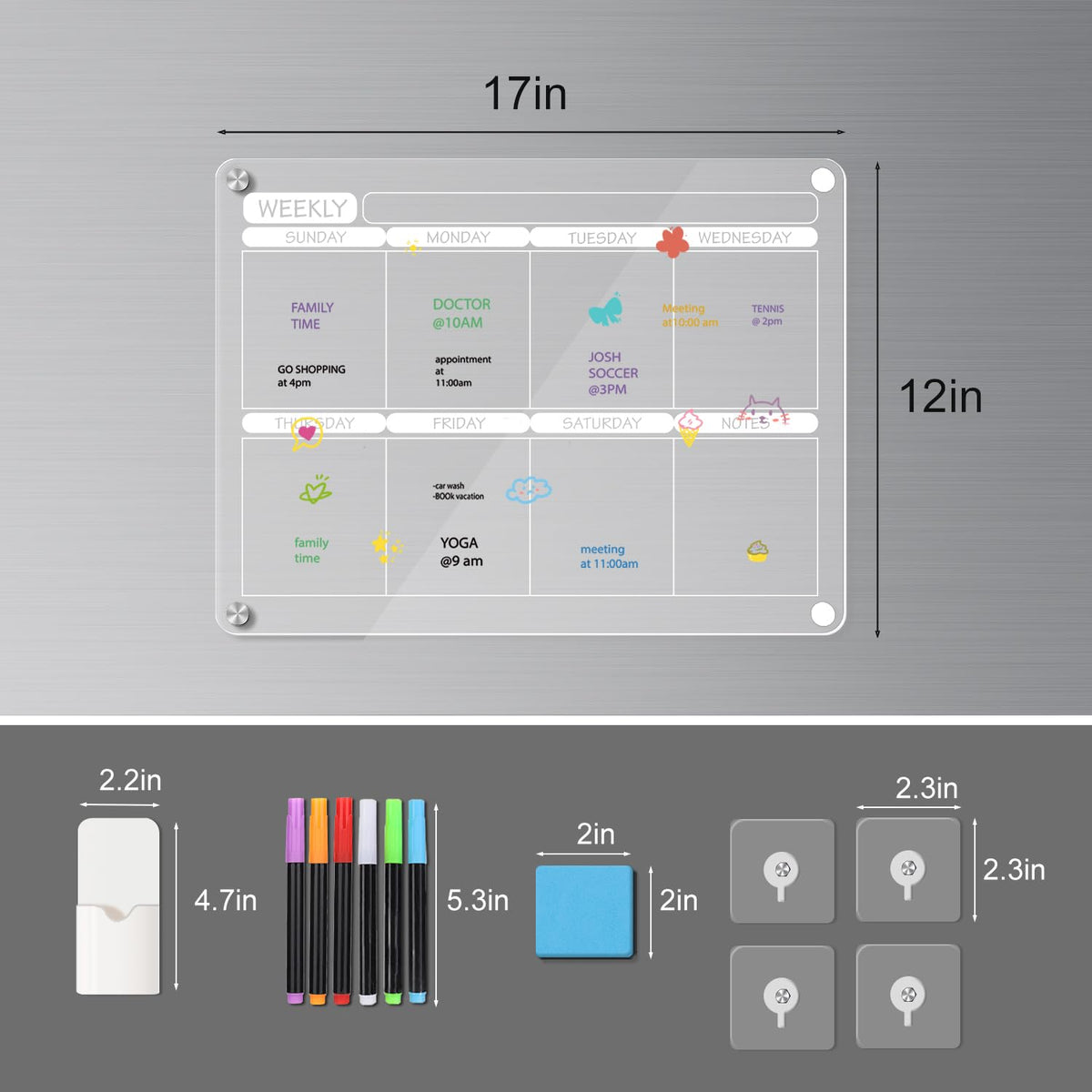 FAZHENWJ Acrylic Magnetic Dry Erase Calendar Board for Fridge, 16"X12" - Erasable Monthly and Weekly Planner with to-Do List, Includes 6 Markers and Eraser