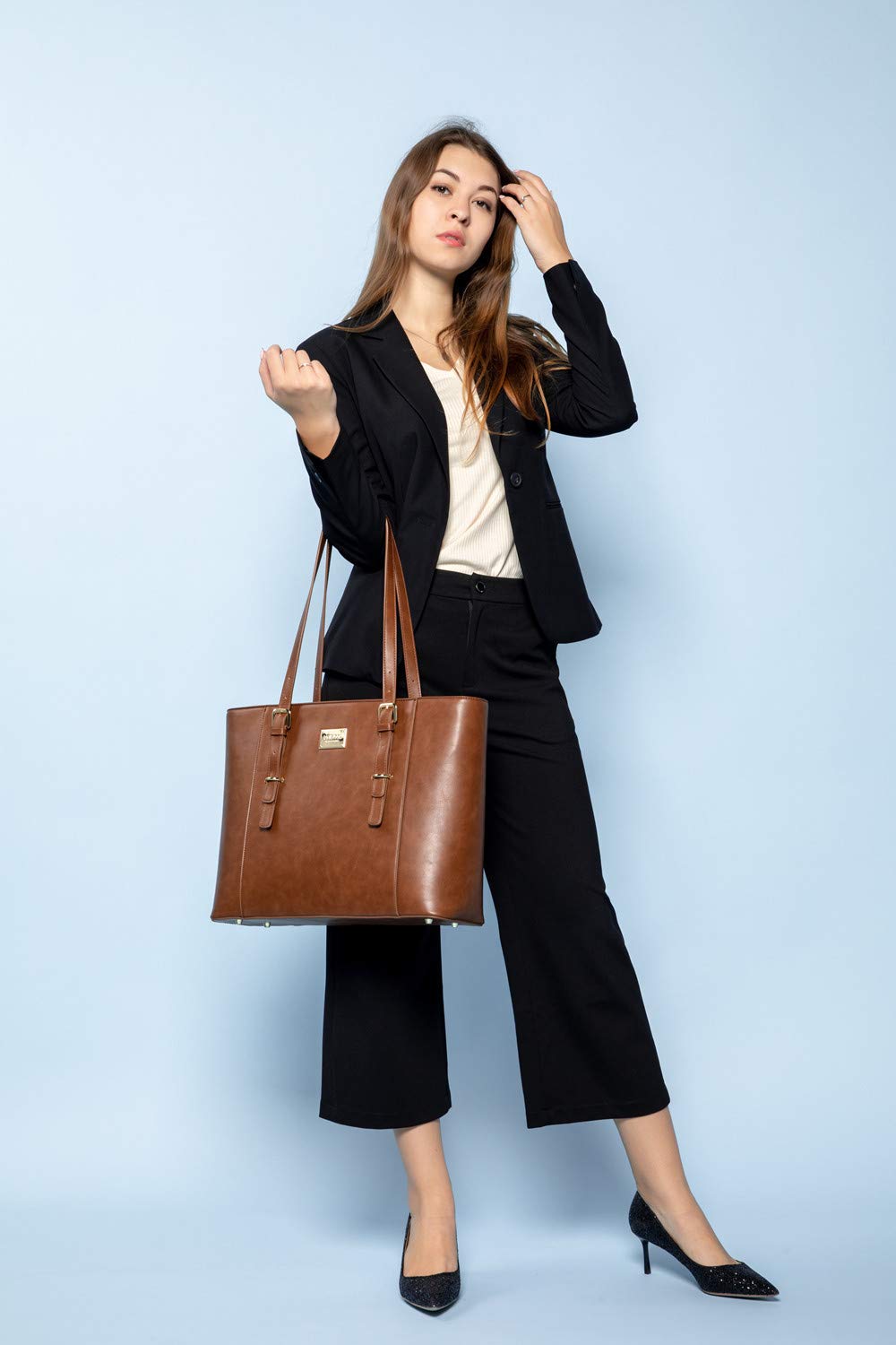 LOVEVOOK Laptop Bag for Women, Structured Leather Computer Bag, Professional Work Tote Purse, Teacher/Attorney’s Choice, Retro-Brown