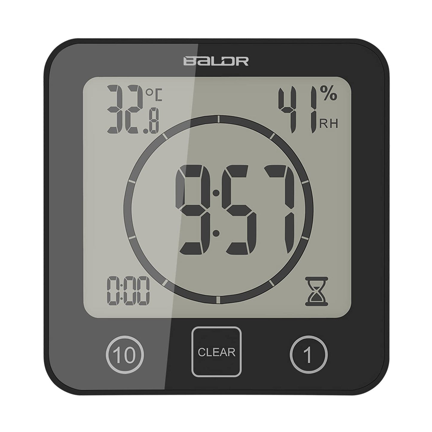 Digital Bathroom Shower LCD Wall Clock with Suction, Waterproof Temperature Humidity Gauge, Touch Screen Timer, Large Countdown Timer (Black)