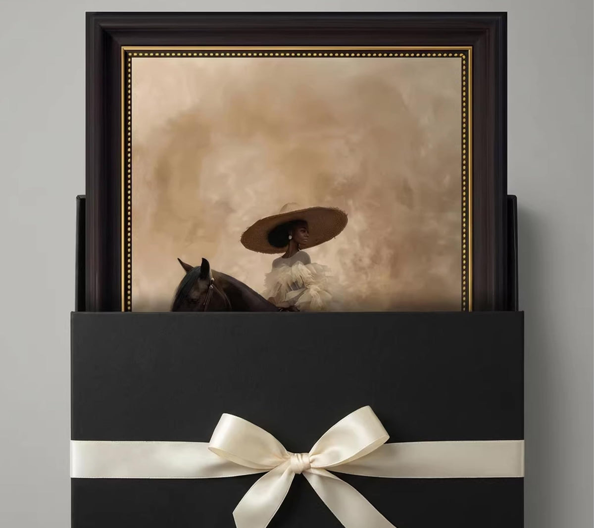 Dark Brown Framed Western Cowgirl Wall Art Trendg Black Girl Riding Horse Canvas Wall Decor African American Bride Woman Poster Print Artwork for Living Room Dormitory Bedroom 9x11 inch