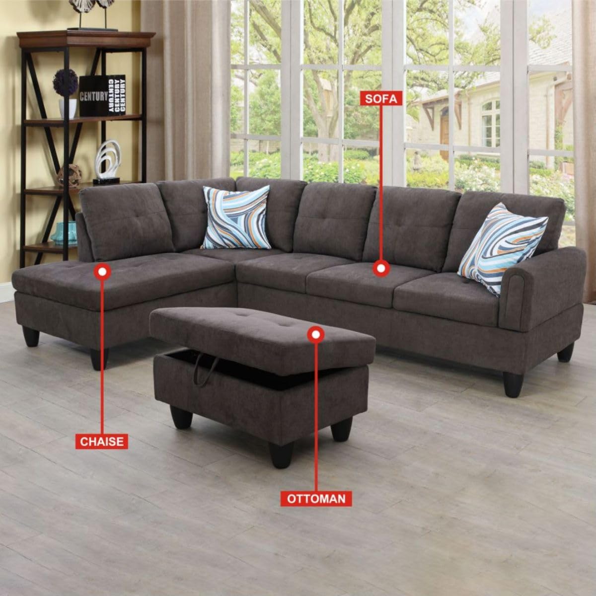 UOCFYK Dark Brown L-Shaped 3-Piece Flannel Sofa with Storage Ottoman Set, Sectional Couch Sofa Set for Living Room, Office, Small Space