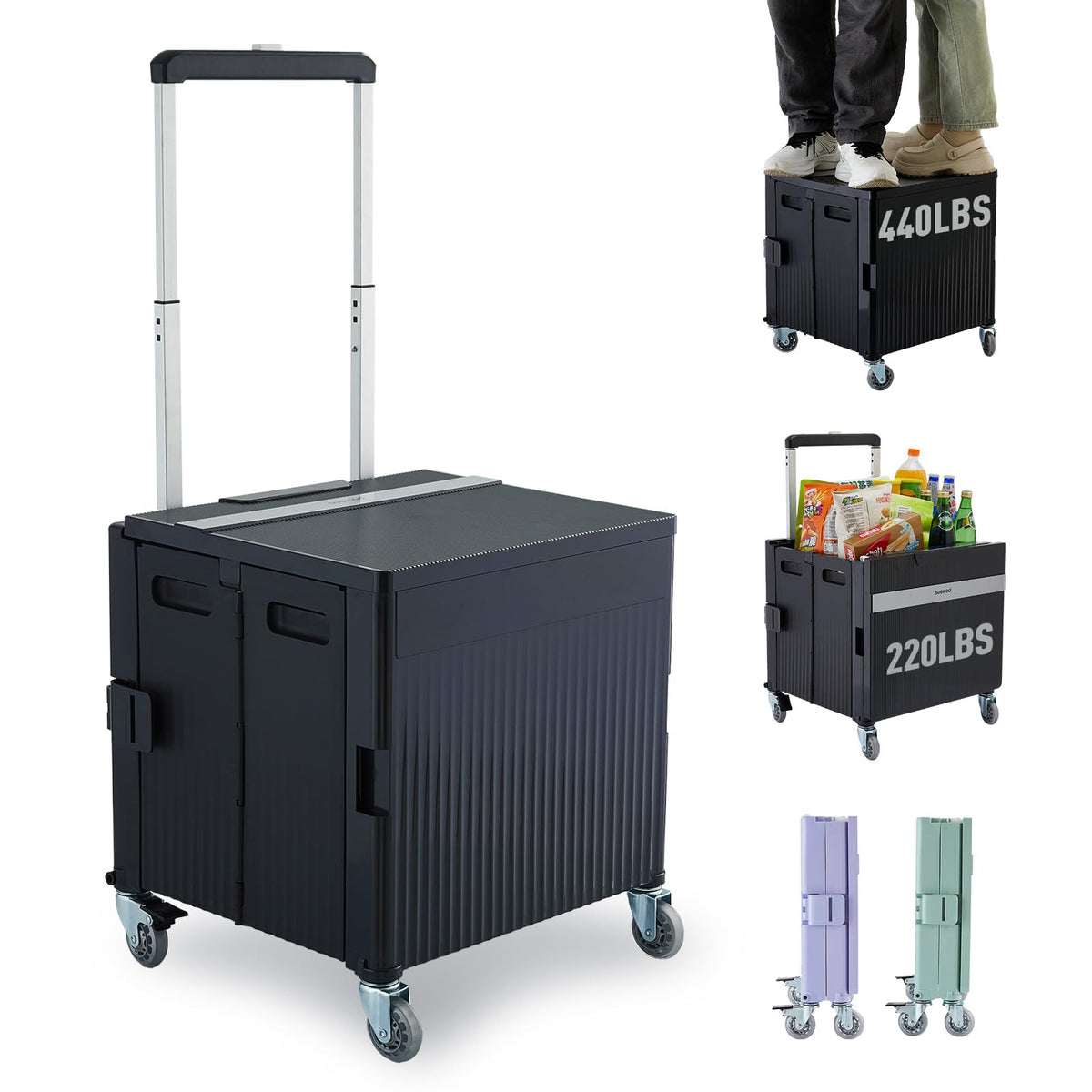 Folding Utility Cart Portable Rolling Crate Handcart Shopping Trolley Collapsible Tool Box, with Lid, on Rotate Wheels, for Grocery, Shopping, Office, Teacher, Camp,File (Black)