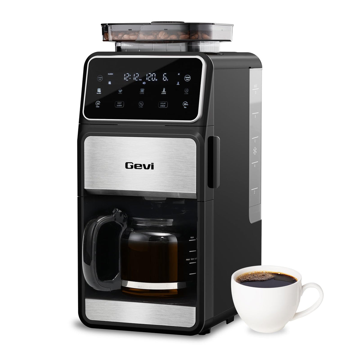 Gevi Grind & Brew Coffee Maker 10 Cup, Built-In Burr Grinder Drip Coffee Machine, Programmable Touch Screen, 4-Hour Warm Plate, Permanent Filter & Glass Carafe