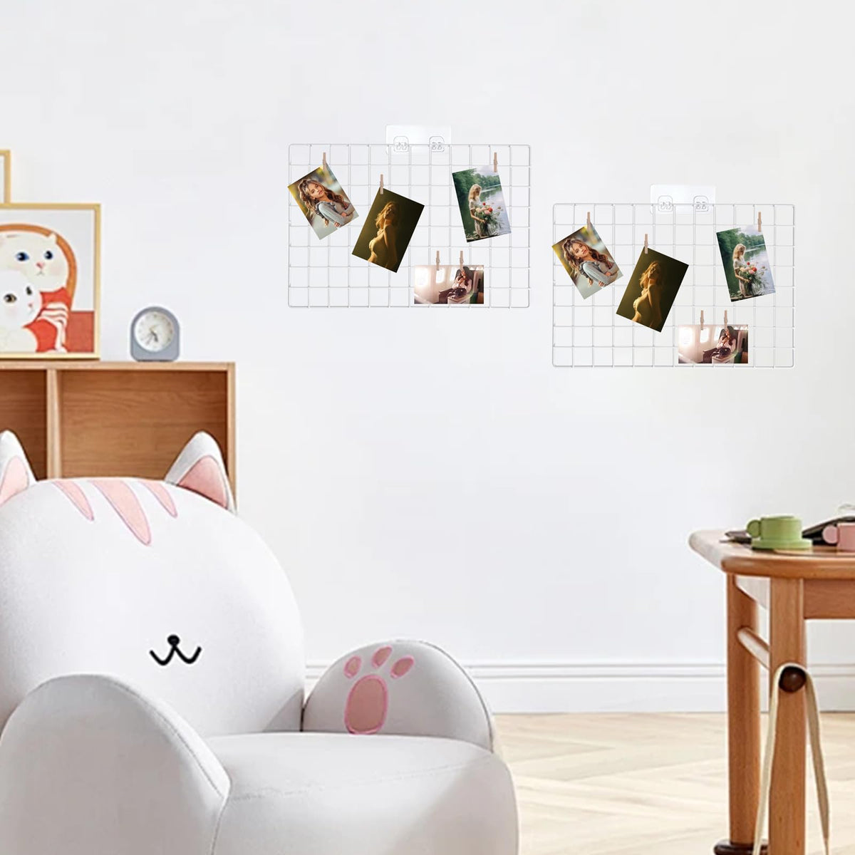 2 Sets Grid Wall Countertop Decorative Panel for Photo Display, Tabletop & Wall Mounted Display Wire Gridwall with T-Base, Mini Wood Clips & Adhesive Hooks for Shows Retail Crafts Artistic Drawings