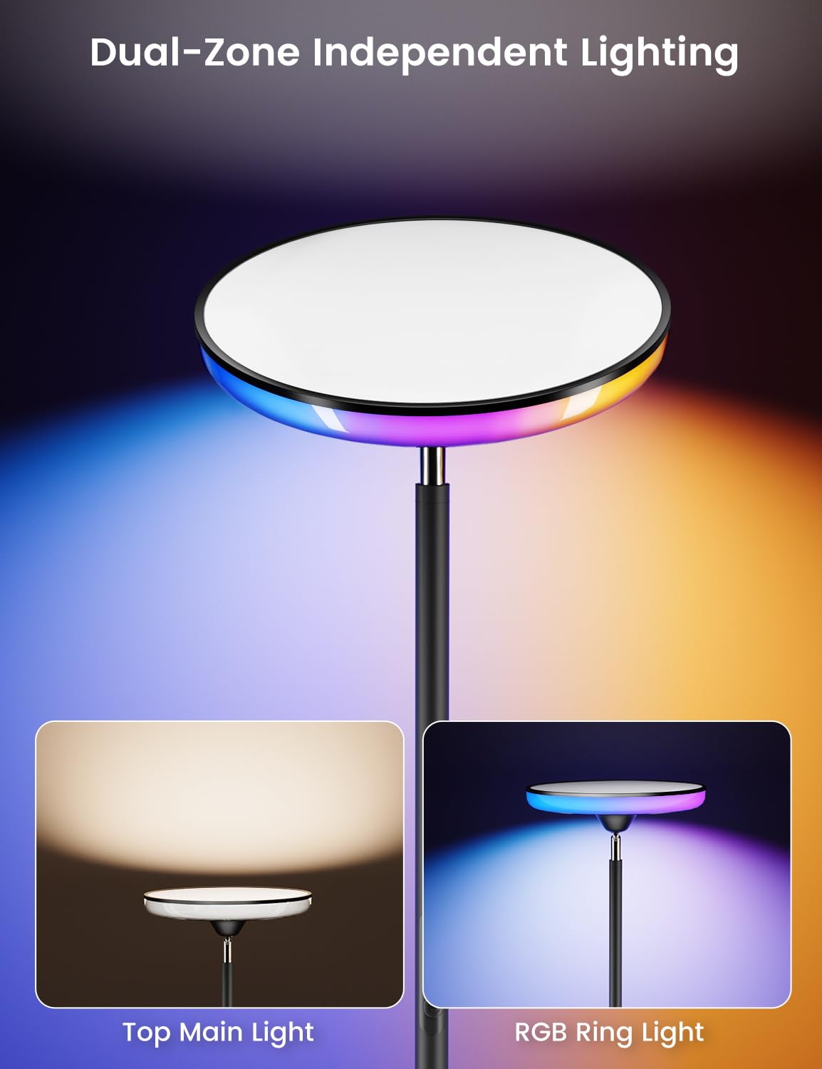 UFO LED Torchiere Floor Lamp with RGB Ambient Light, 42W 3700LM Bright Dimmable Sky Lamp,71in Modern Tall Standing Lamp with Remote Touch Control&Timer,for Living Room Bedroom Office Gaming Room,Black