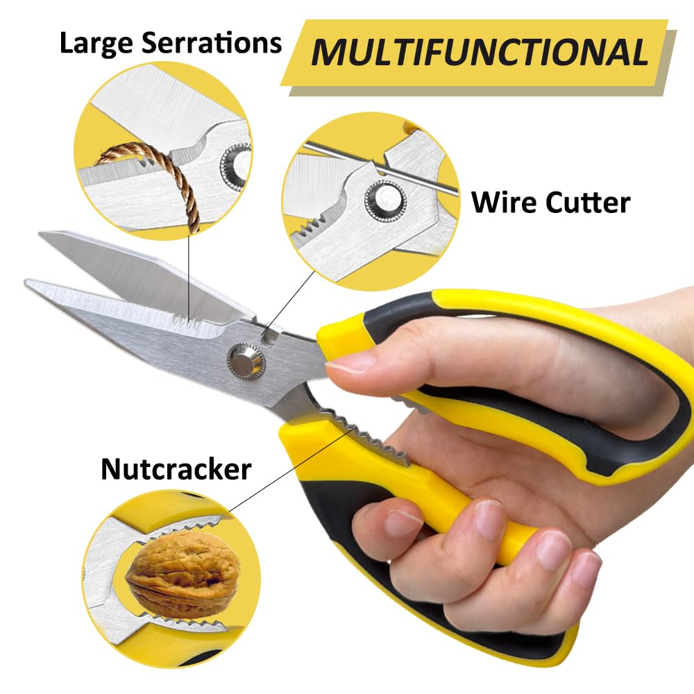 Heavy Duty Scissors, Sharp Scissors All Purpose Heavy Duty with Serrated Edge, Comfortable Non-Slip Handle, Easy Cutting Cardboard, Wires, Fabric, Leather, Iron Mesh (Yellow)