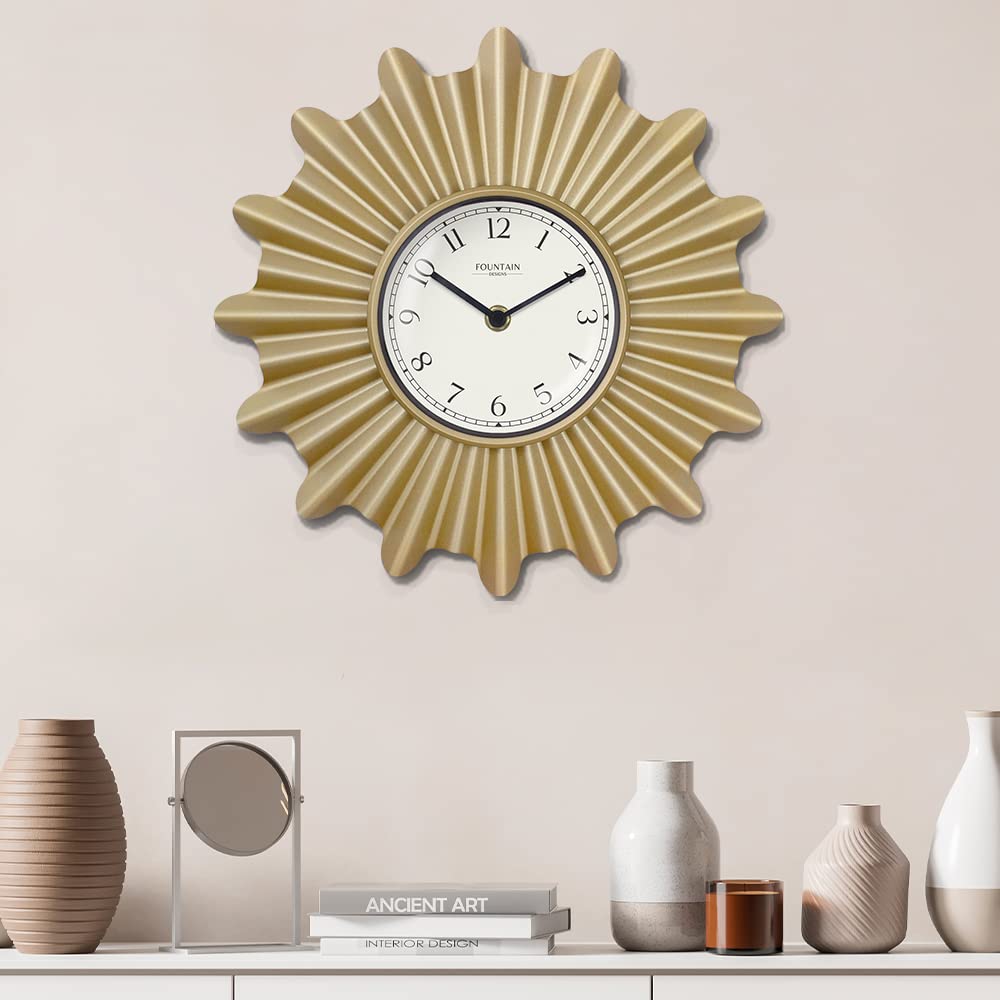 FOUNTAIN DESIGNS 18 Inch Mid Century Modern Starburst Wall Clock, Minimalist Silent Non Ticking Metal Wall Clock for Living Room Decor, (Hamilton Gold, 18")