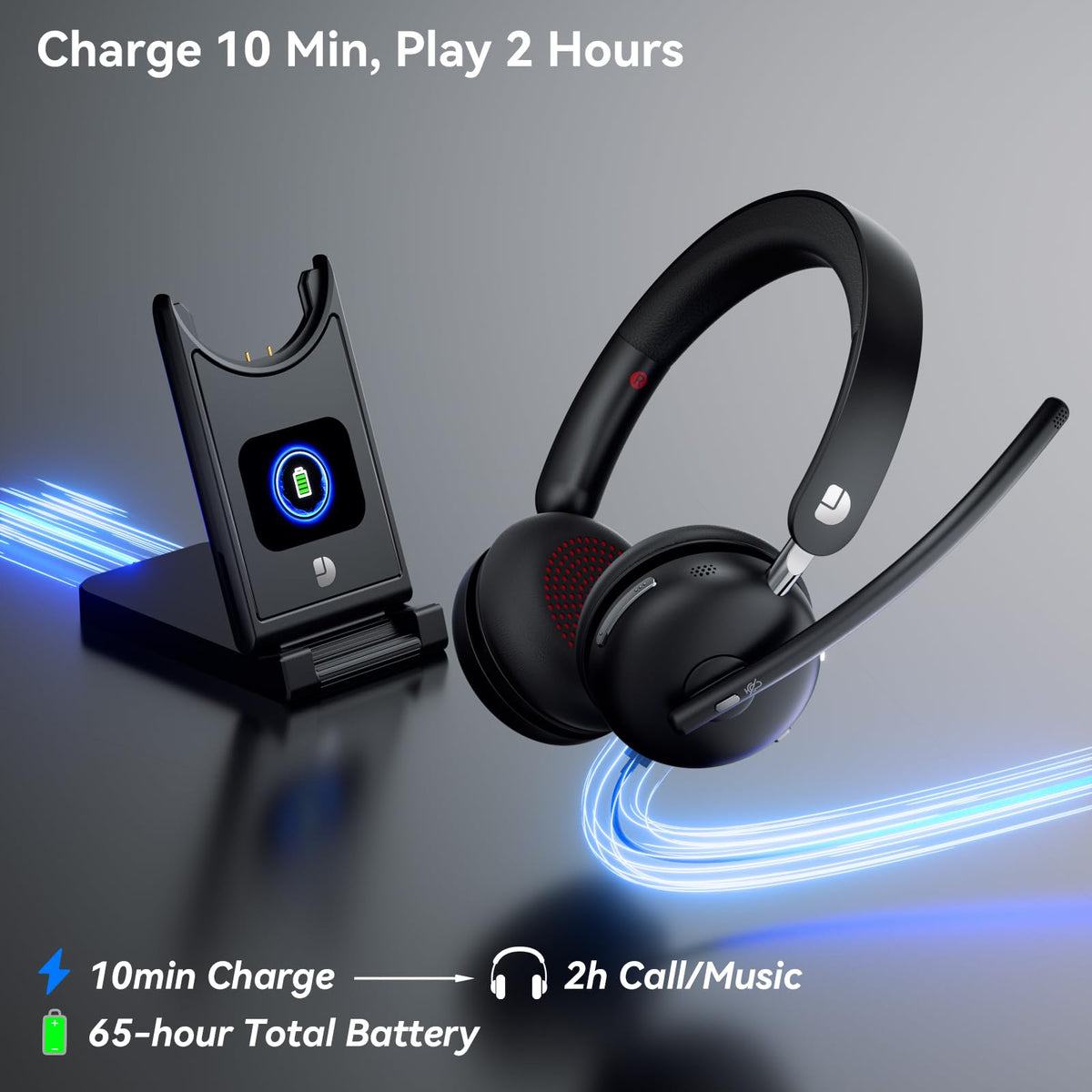 Dytole Wireless Headset with Mic for Work-Bluetooth 5.3 Headset with Microphone Noise Cancelling, Wireless Headsets with 65H Battery & 10Min Fast Charge, Smart Charging Dock for PC/Laptop/Team, Black