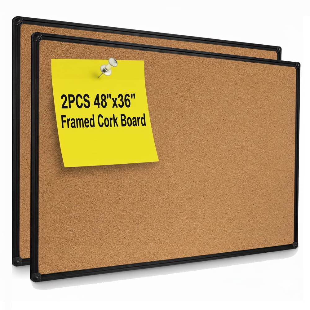 DexBoard 2 Pack 48" x 36" Cork Board, Black Aluminum Frame Bulletin Board for Walls, Large Self-Healing Bulletin Board for Office, School, and Home, Hanging Notice Board with 10 Push Pins (4x3 Ft)