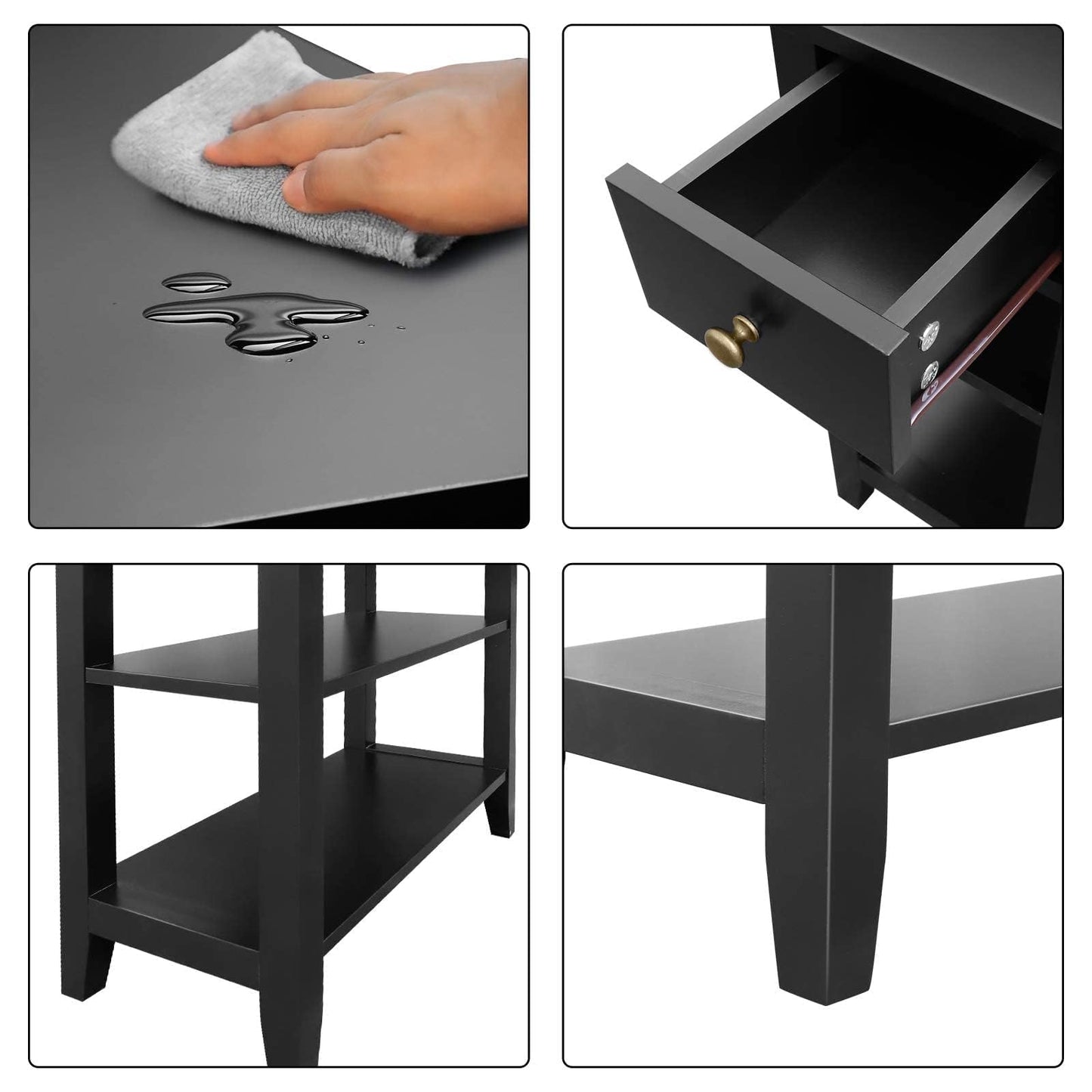 ChooChoo Side Table Living Room, Narrow End Table with Drawer and Shelf, 3-Tier Sofa End Table for Small Space, Black