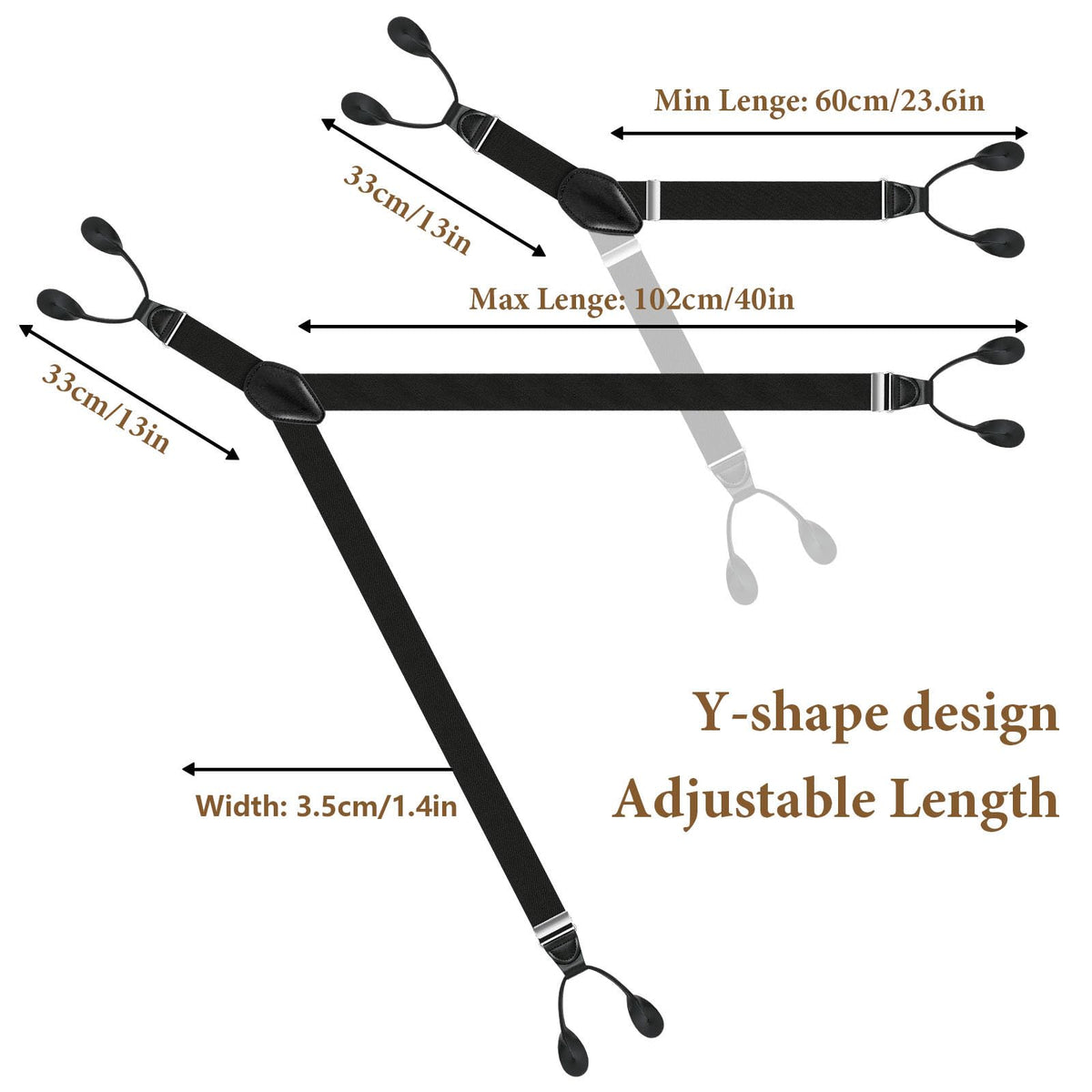 Button Suspenders for Men Y-Back 1.4 Inches Wide Leather Button End Elastic Adjustable Suspenders for Men Tuxedo Black Braces