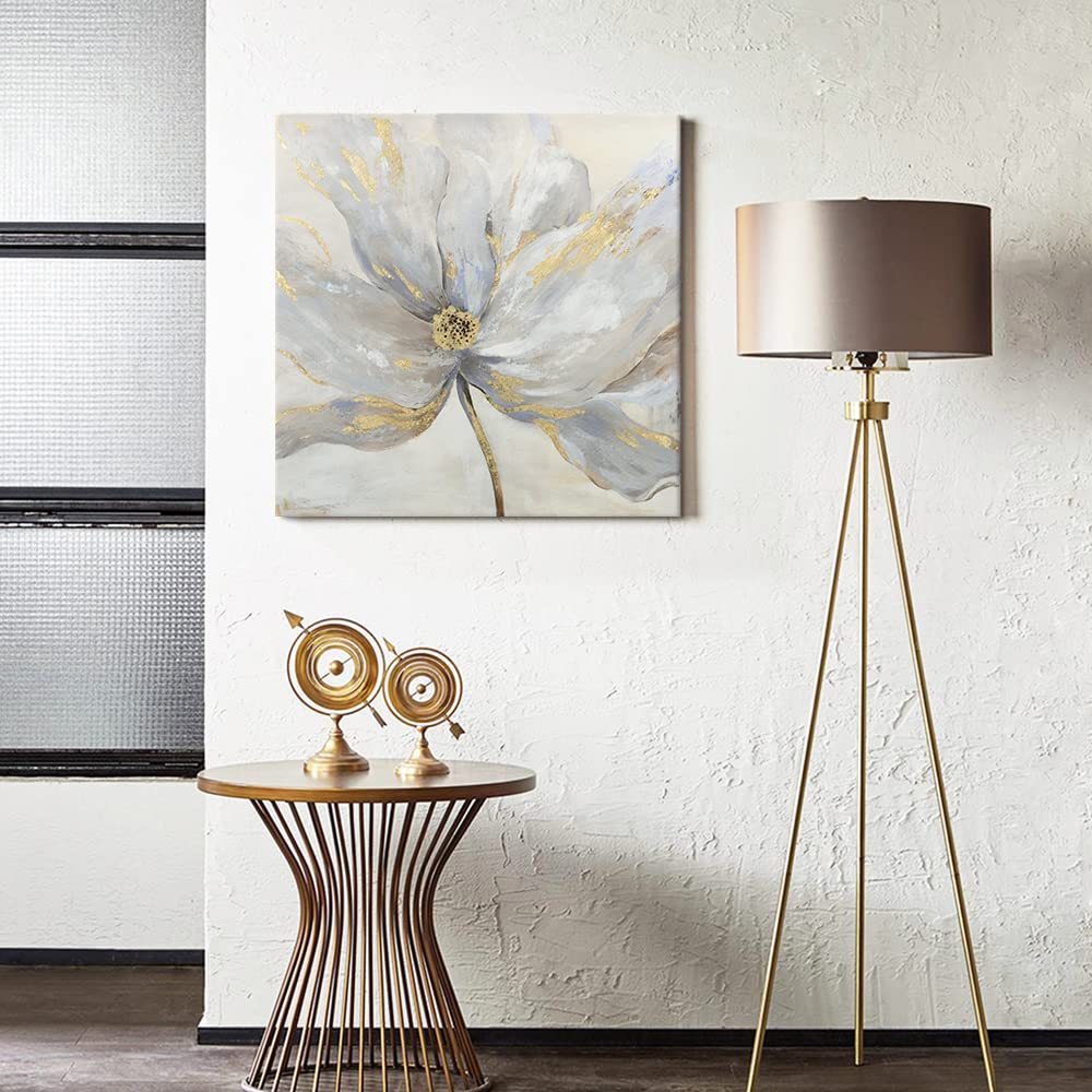 Goldfoilart Floral Wall Art Gold Flower Canvas Pictures with Foil Embellishment Painting Grey Print Framed Artwork for Bedroom Bathroom Living Room Office Wall Decor 24" x 24"