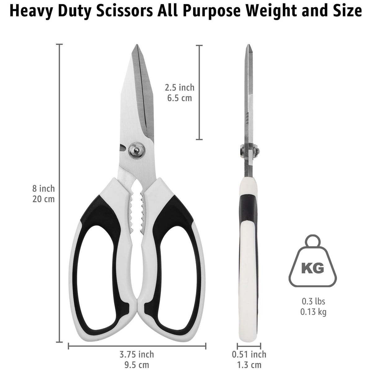 BoFuYuan 8-Inch Utility Scissors All Purpose Heavy Duty, Serrated Blade, White Comfort Grip for Cutting Carpet, Cardboard, Leather, Fabric, Multipurpose Sharp Shears for Kitchen, Garden, Office, Carft