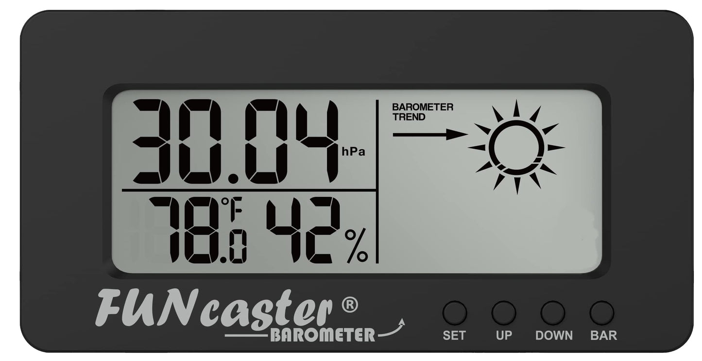 TecScan FUNcaster Barometer Ambient Weather Clock for Golf Cart, Boat, Home, Office Easy to See Time, Temp, Humidity, & Forecast