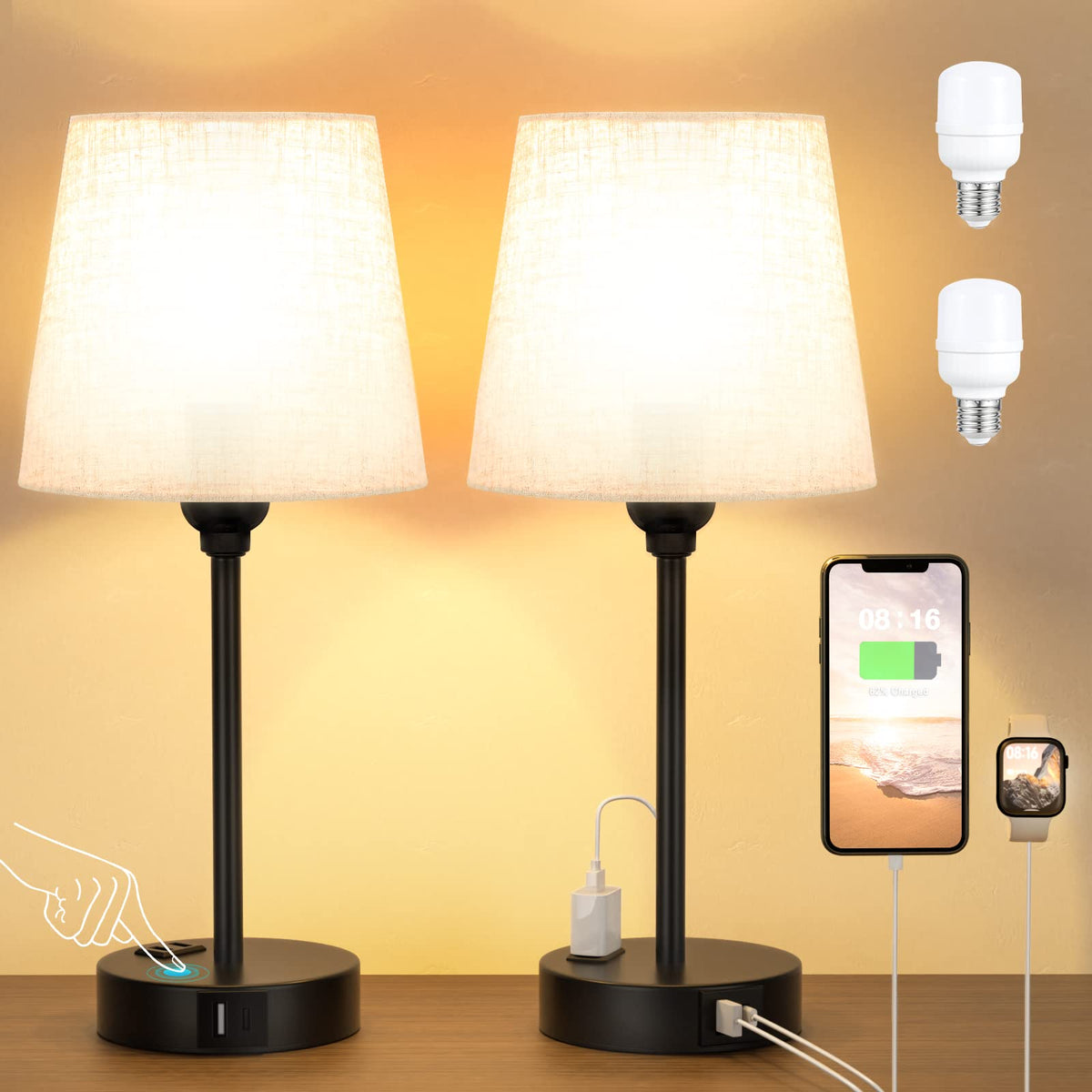 Mini Bedside Lamps for Bedrooms Set of 2 - Nightstand Bedroom Lamps with USB C Port and AC Outlet Charging, Dimmable Touch Small Bed Side Table Lamp, Black Night Stand Light for Kids/Guest Room