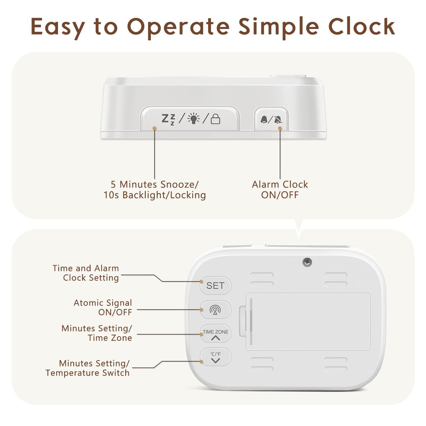 Geevon Small Digital Atomic Alarm Clock for Bedroom, Portable Battery Operated Travel Desk Clock for Heavy Sleepers, with 10s Backlight, Temperature, 3 Inch Display, White